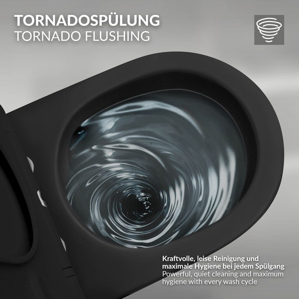 LuxeBath Tiefspül-WC Spülrandloses Wand Hänge WC aus Keramik, mit WC-Sitz Absenkautomatik, Toilette ohne Spülrand Schwarz, Tornadospülung, Softclose-Klodeckel – Bild 5 von 5
