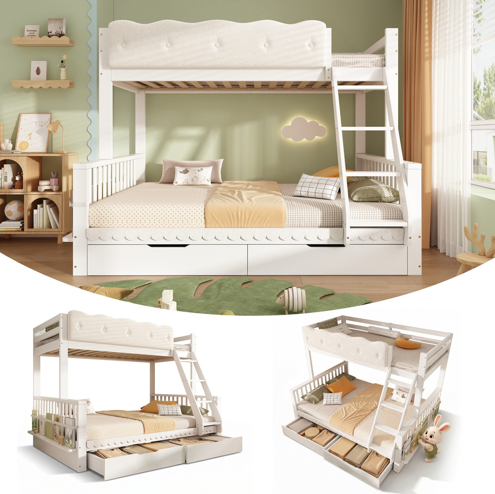 OKWISH Etagenbett Kinder-Hausbett mit Schubladen & Zeitschriftenständer (Packung, Weiß, 90×200 / 140×200 cm, ohne Matratze), 2 Betten, Wolken-Geländer, schräge Leiter