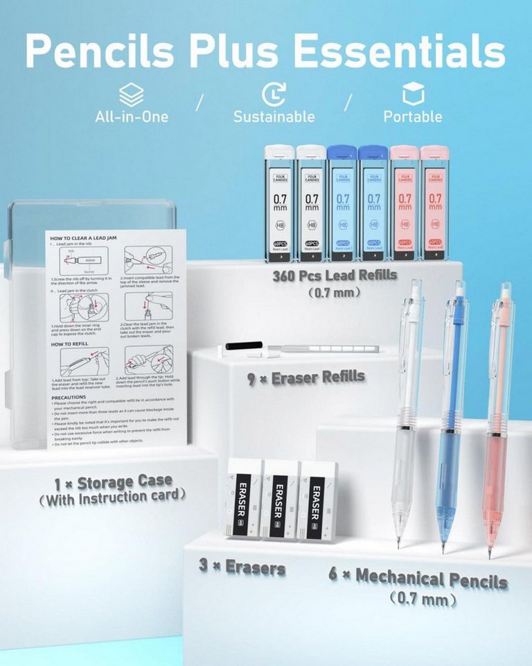 Thumbnail - Four Candies Druckbleistift Druckbleistift-Set 3 Stück 0,7 mm Minenbleistift mit 360 Harz-Minen