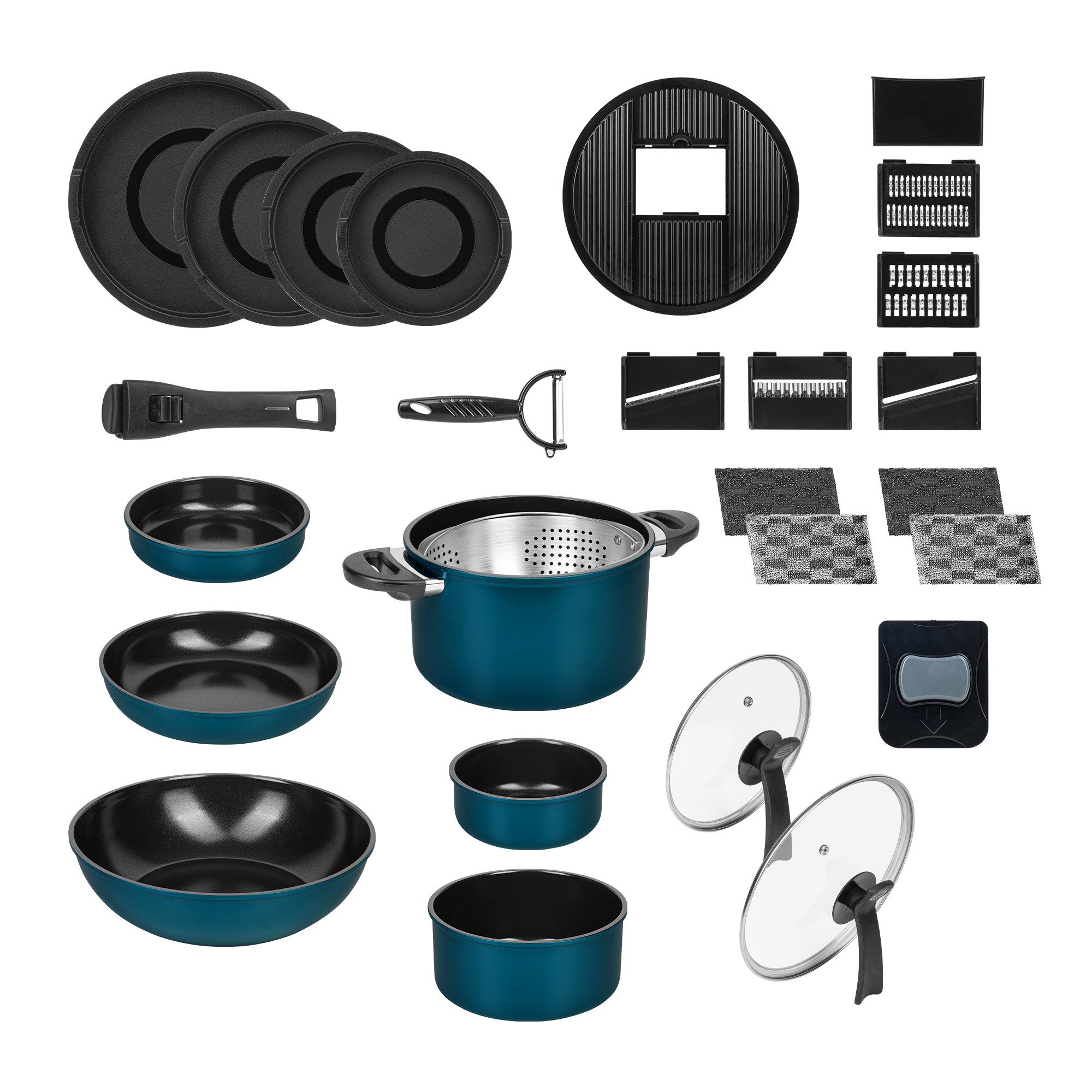 Genius Pfannen-Set Kelton 31 tlg, Kochgeschirr, inklusive Clia Genie Schwämmen, (Großes Koch-Set, 31 tlg), Platzsparendes Design mit abnehmbarem Griff & stapelbaren Elementen