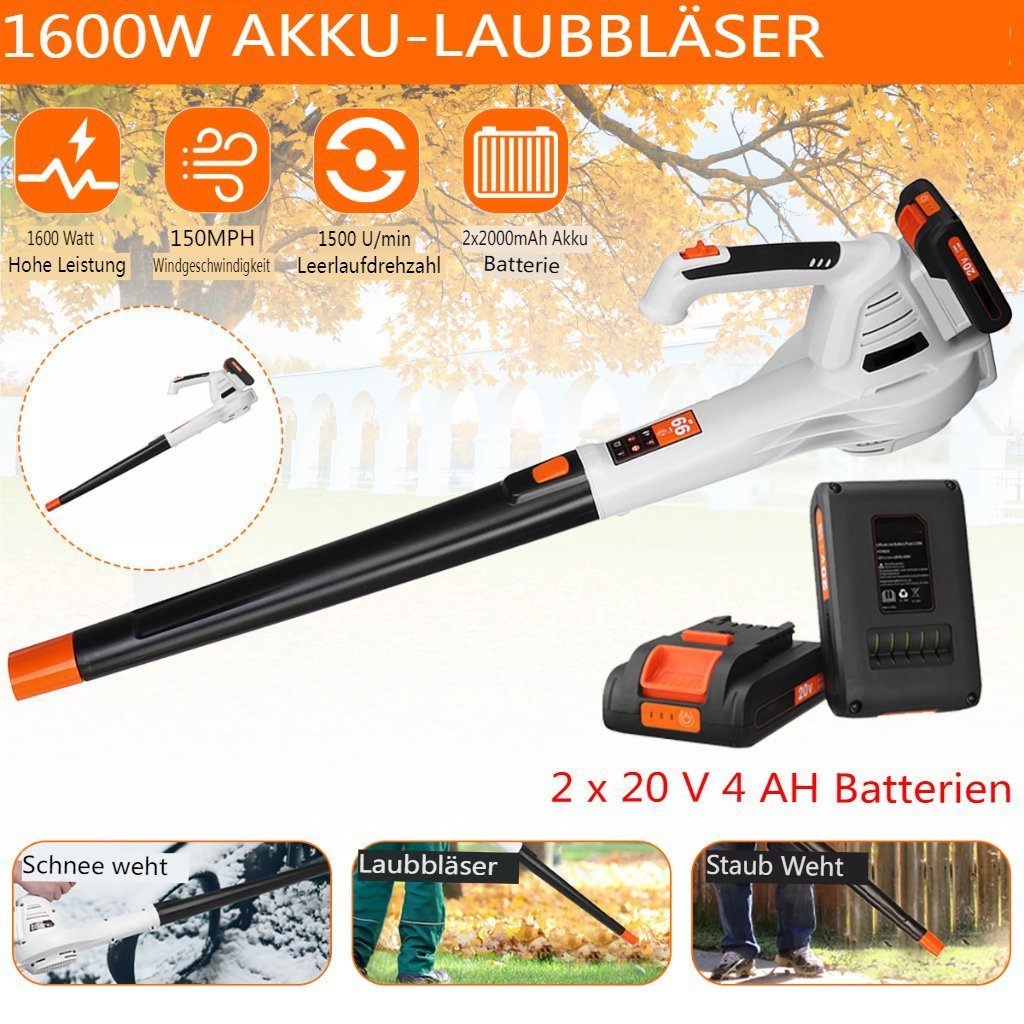 Insma Akku-Laubbläser, (1600W Elektrische Laubbläser 241km/h Gartenbläser Gebläse 1500 U/min), Mit 2 Akkus 2,0 Ah