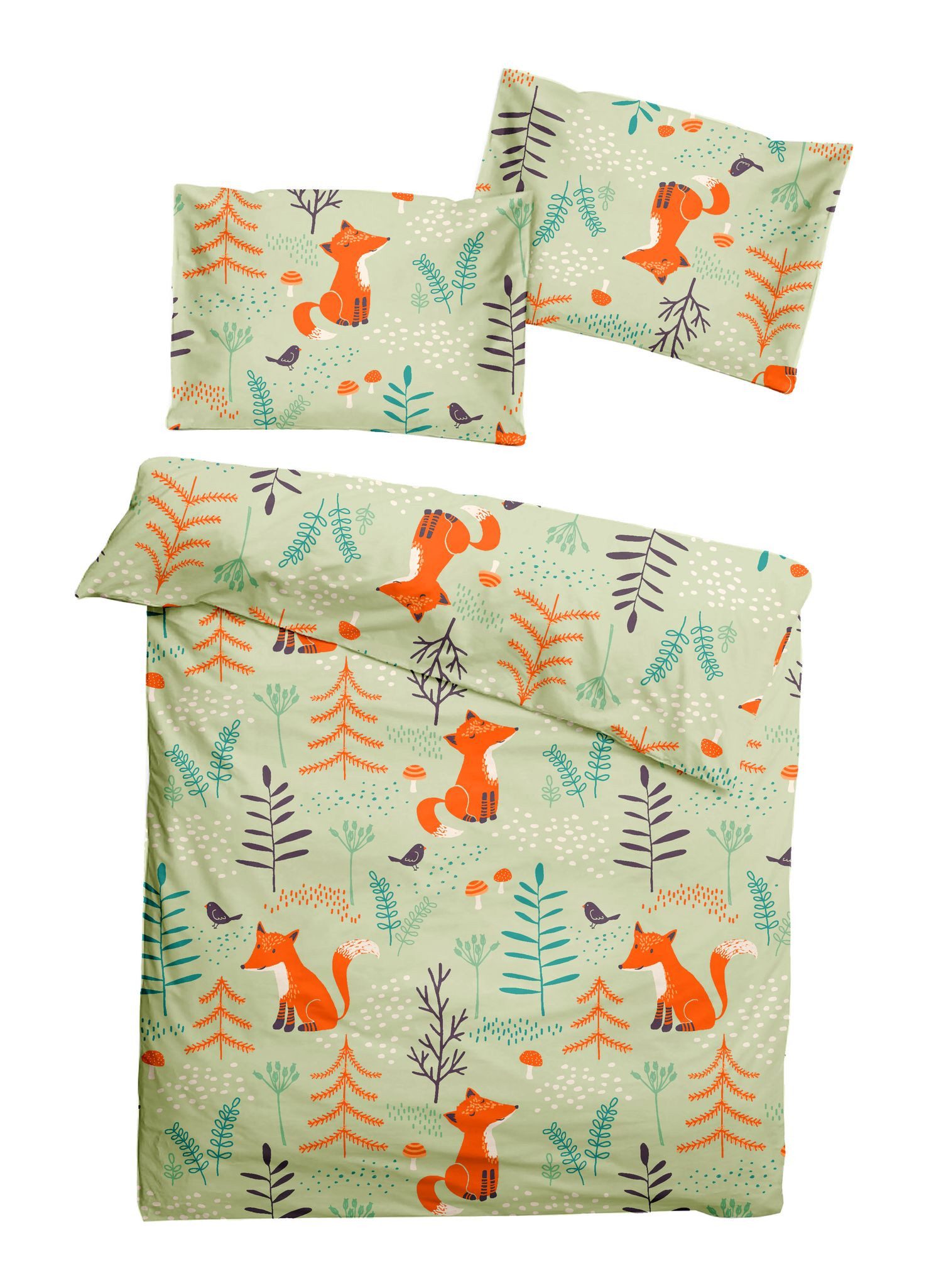 JACK Babybettwäsche 100x135cm Fuchs Wald Natur Grün, Biber, 2 teilig, süßes Kindermotiv mit Füchsen, mit Reißverschluss