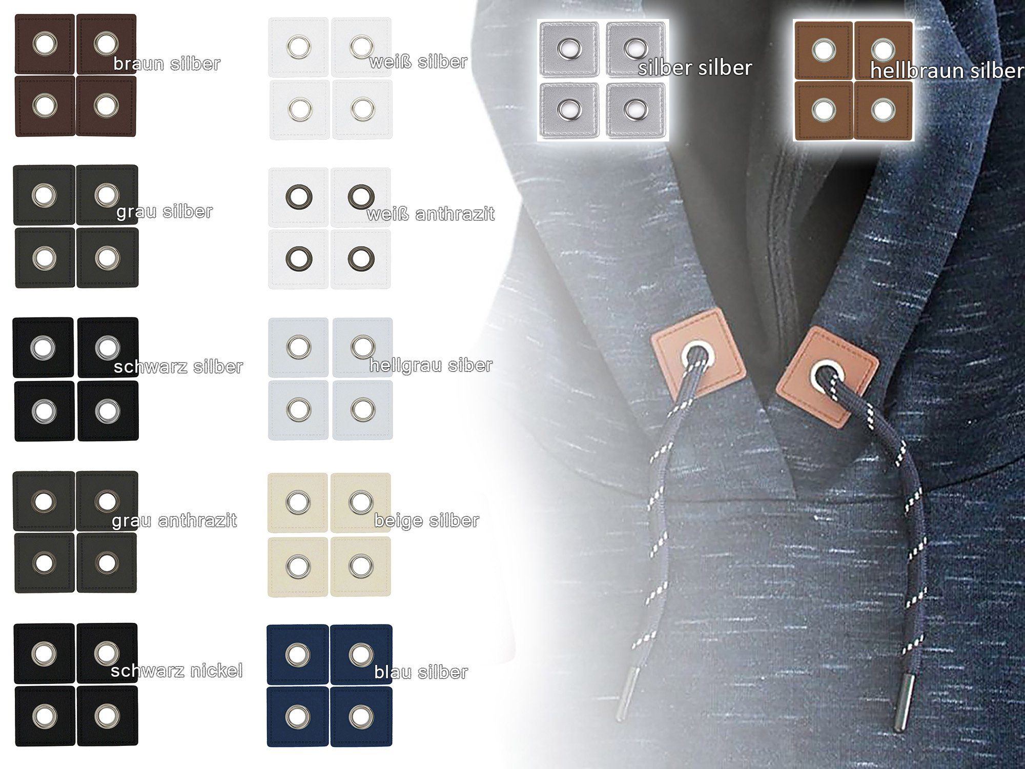 maDDma Aufnäher 4 Metall-Ösen auf Kunstleder, Lederimitat, Metall, beige Öse silbern – Bild 4 von 4
