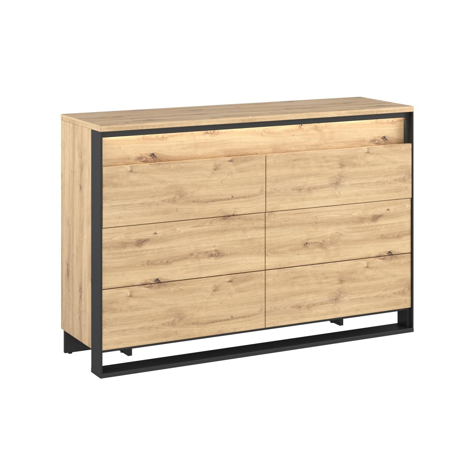 HAUSELEMENT Kommode QUANT QS-04, 6 Schubladen LED-Beleuchtung Sideboard 133 cm Mehrzweckschrank