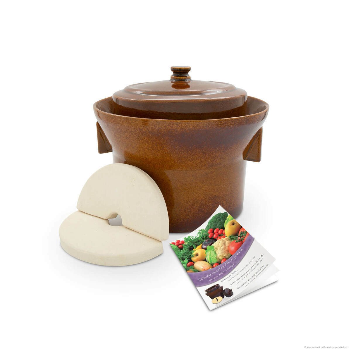 KERAZO Fermentationsglas Premium 5L Gärtopf Sauerkrauttopf Gurkentopf Rumtopf mit Deckel+Stein, Keramik, Mit Wasserrinne, robuste Keramik, lebensmittelecht, für Sauerkraut