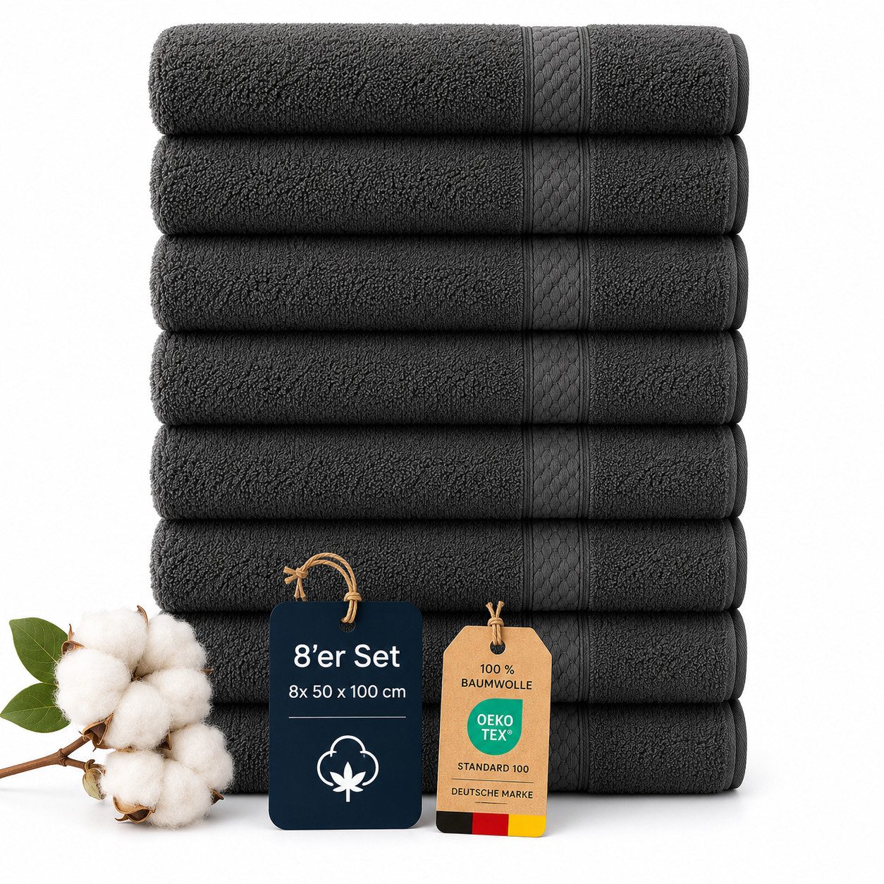 Komfortec Handtuch Set 8x Premium Handtuch Set - 50x100 cm, Frottee (8-St), 100% Baumwolle, mit Bordüre, Weich, Hotelqualität