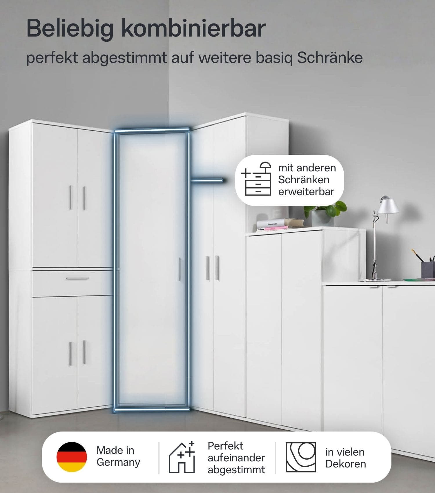 mokebo Mehrzweckschrank Der Lange Eckschrank (64x180 cm, mit 4 Einlegeböden) Made in Germany, Eckschrank, Aktenschrank, Flurschrank in Weiß