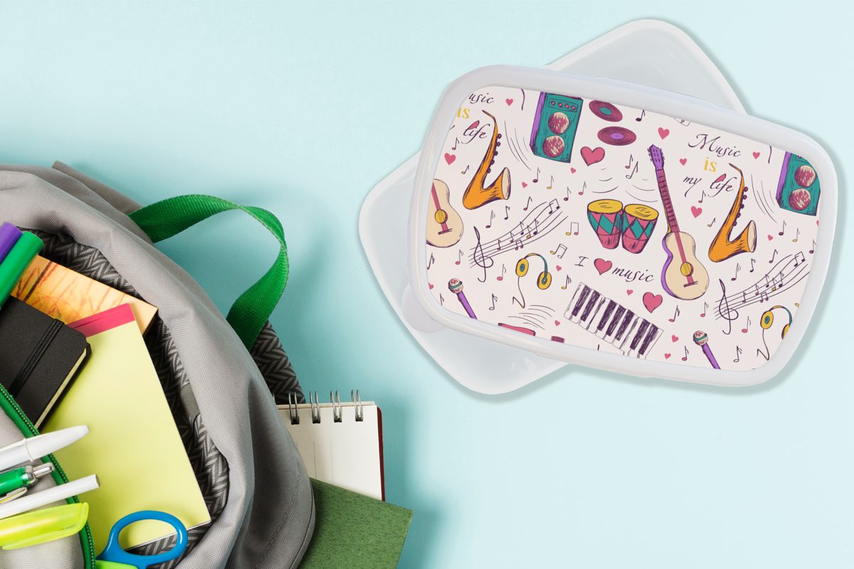 MuchoWow Lunchbox Musik - Mädchen Brotdose, für Kinder weiß Jungs Zitate, Instrumente Brotbox Erwachsene, für (2-tlg), und Kunststoff, und 