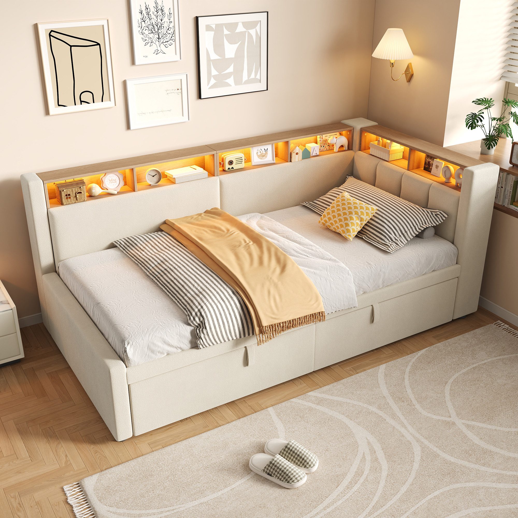 Merax Daybett 90x200cm/180x200cm mit LED-Beleuchtung & App- & Touch-Steuerung (Einzelbett Sofabett Schlafsofa Jugendbett, 1 tlg), Tagesbett mit Ausziehbett, Abl – Bild 3 von 5