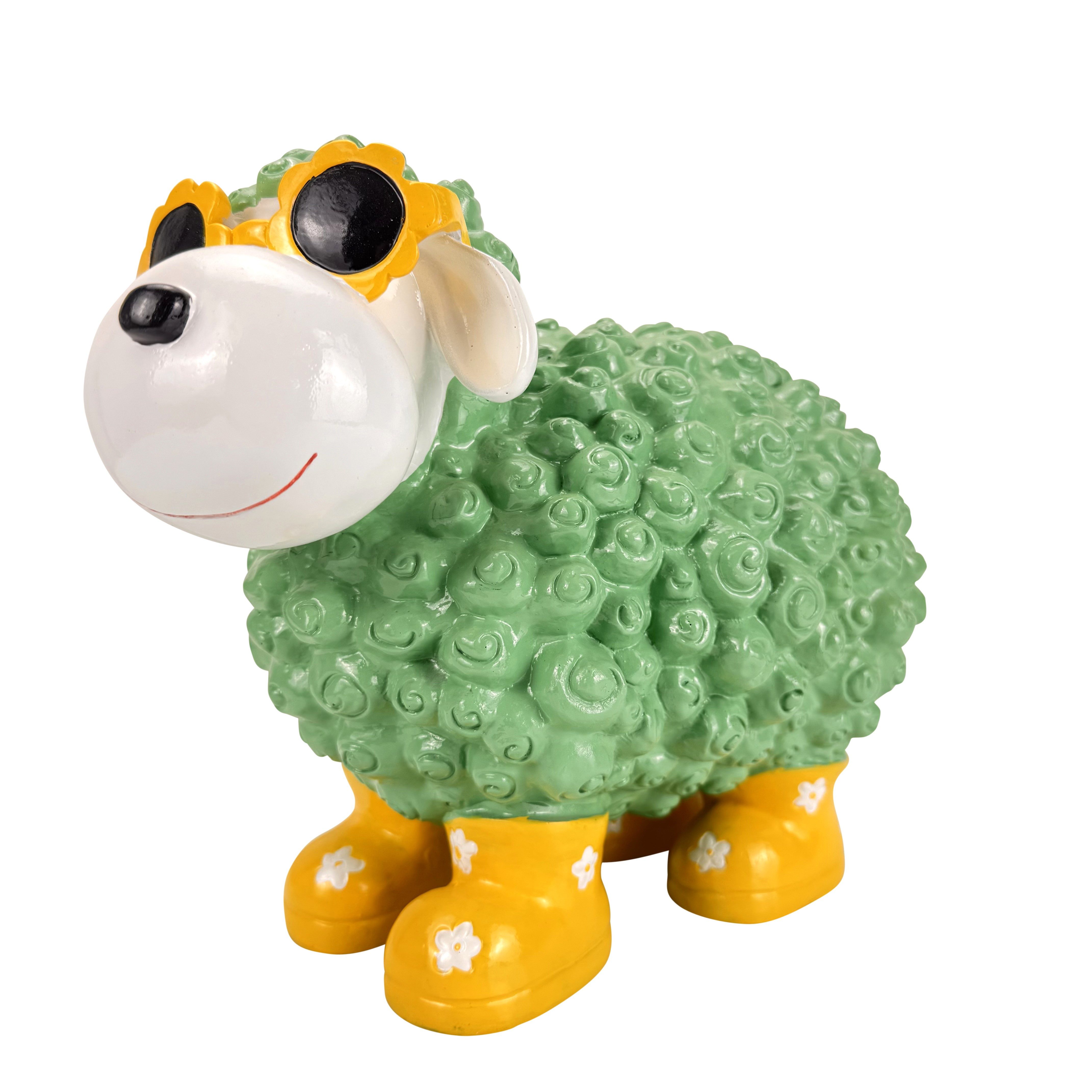 Online-Fuchs Gartenfigur cooles Schaf mit Sonnenbrille - Deko Figuren Garten, Balkon & Terrasse, (mit Blumensonnenbrille, wetterfest), aus langlebigem Kunstharz gefertigt, für außen geeignet - 30 cm groß
