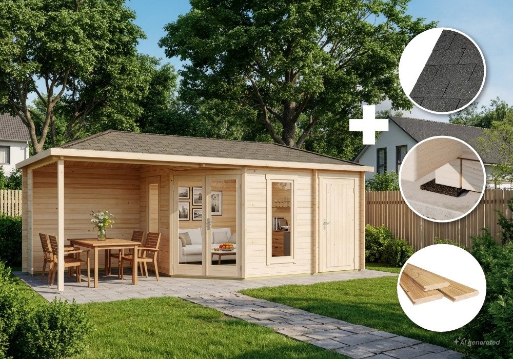 Alpholz Gartenhaus Holz Set - 5-Eck Liwa mit Anbau Natur Inkl. Boden & Dacheind., BxT: 728x317 cm, (Set), in Naturbelassen Inkl. Fußboden & Dacheindeckung