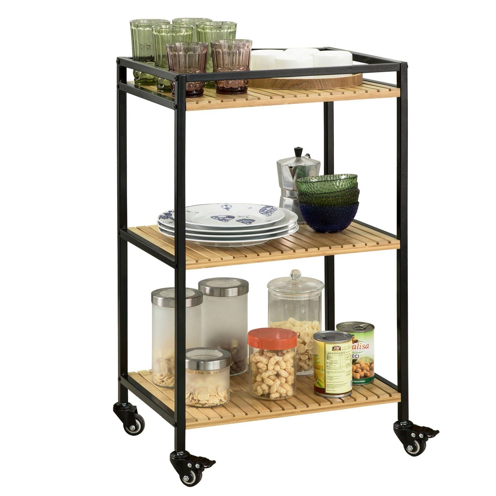 SoBuy Servierwagen FKW65-N, Küchenwagen Küchenregal mit 3 Ablagen Rollwagen aus Metall und Bambu. Reduzierter Preis € 44,95. Unverbindliche Preisempfehlung € 64,95