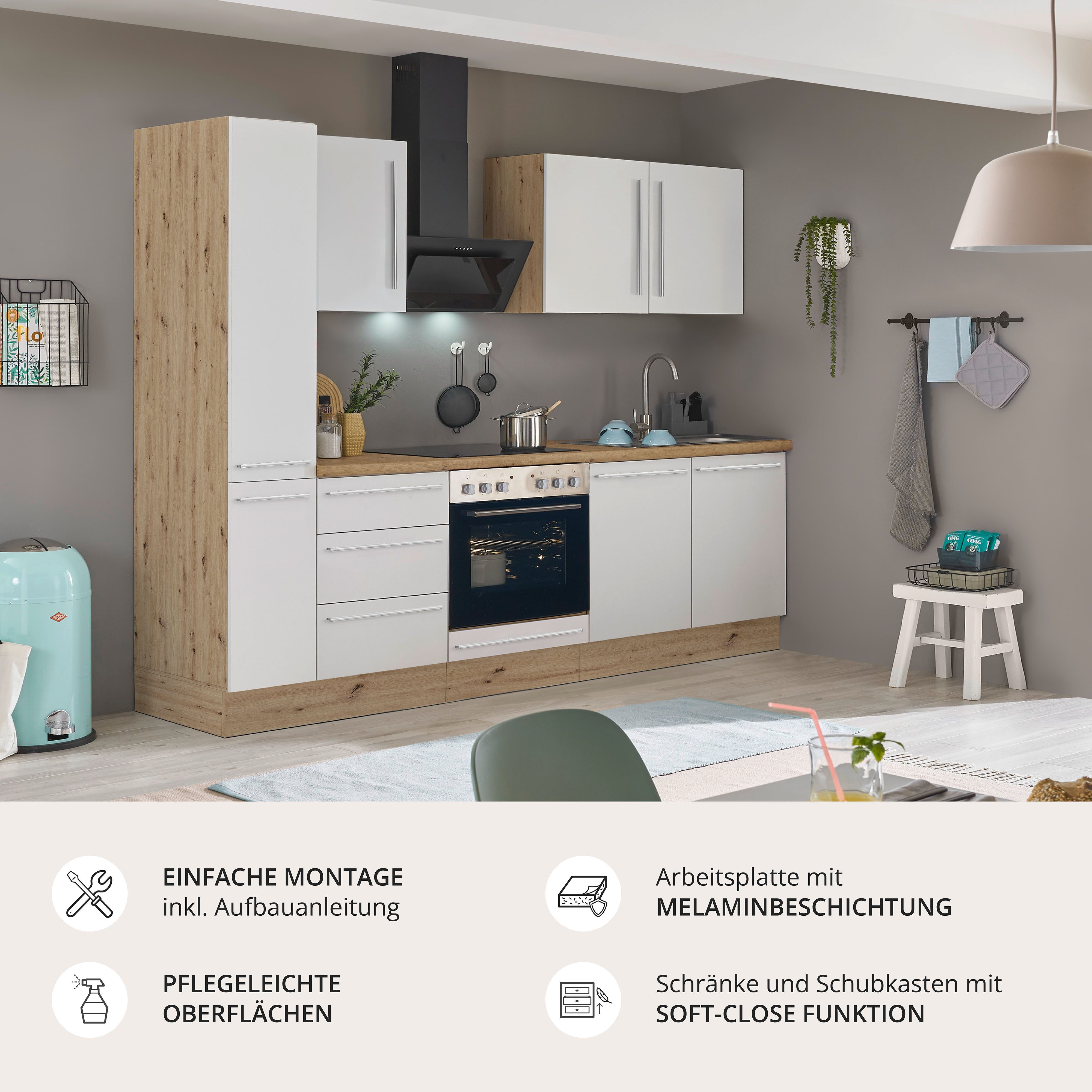 KOCHSTATION Küchenzeile Florida, Breite 240 cm, wahlweise mit E-Geräten,Softclose für Türen/Schubkästen