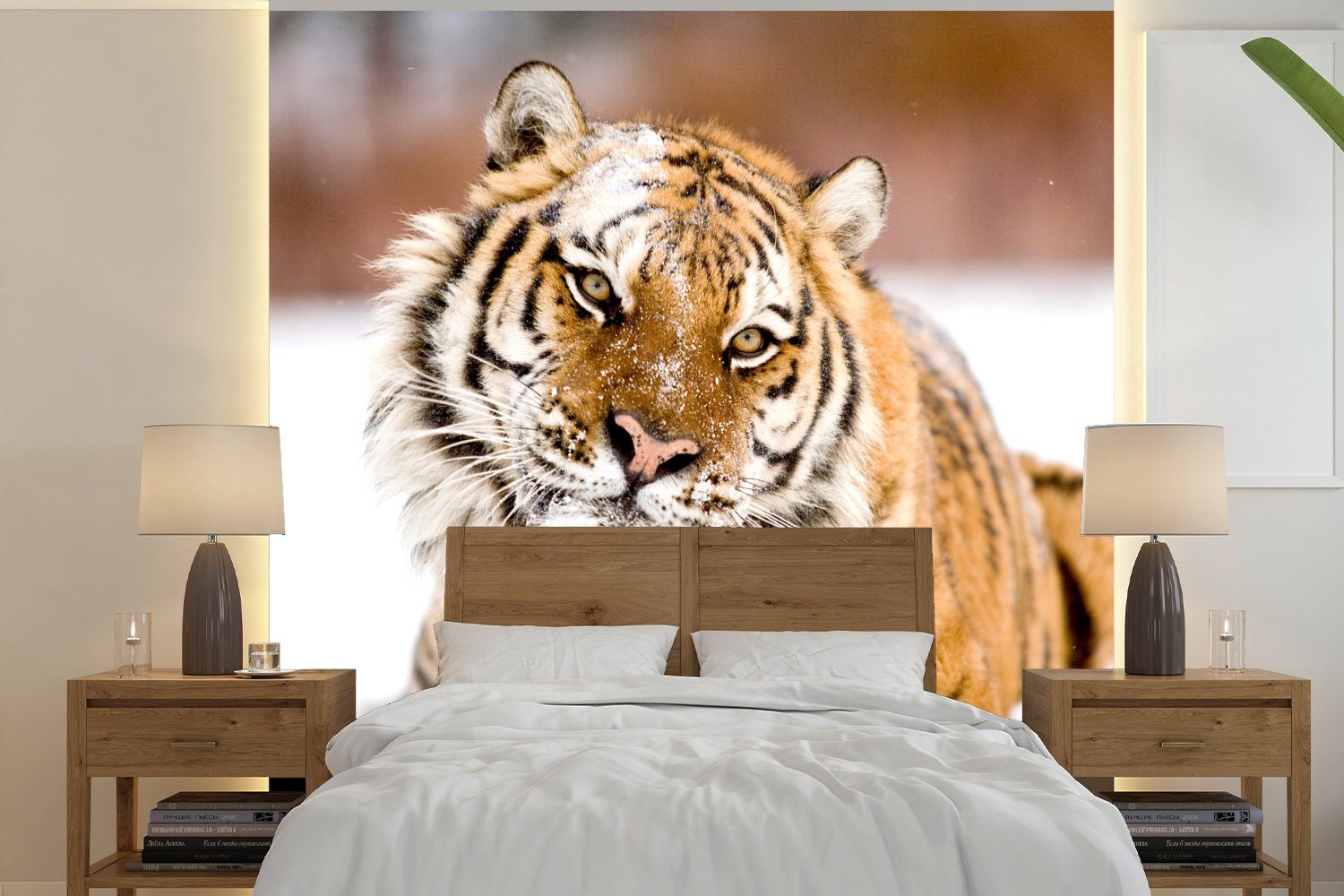 MuchoWow Fototapete Tiger - Schnee - Weiß, Matt, bedruckt, (4 St), Vliestapete für Wohnzimmer Schlafzimmer Küche, Fototapete
