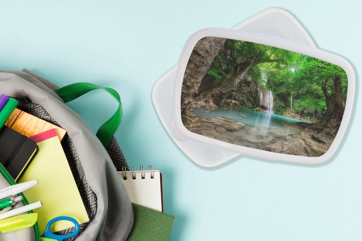 MuchoWow Lunchbox Kunststoff, - (2-tlg), Brotdose, Kinder für - Dschungel Wasserfall - Natur, Pflanzen - und Erwachsene, Brotbox weiß Mädchen Jungs und Wasser für