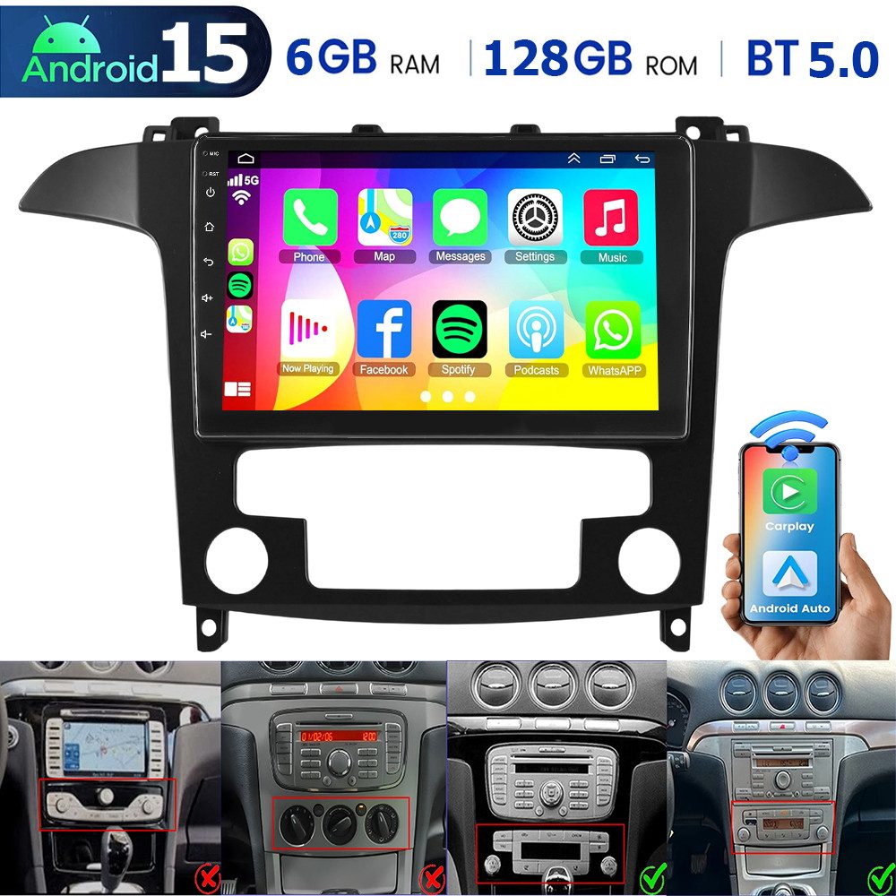 ESSGOO DAB+ 6+128GB Android 15 Autoradio Carplay GPS Für Ford S-Max WA6 06-15 Autoradio (Digitalradio (DAB), 6GB+128GB, 4G LTE, RDS, AM/FM, Carplay Android Auto Bluetooth EQ USB GPS Navi WIFI Touchscreen)