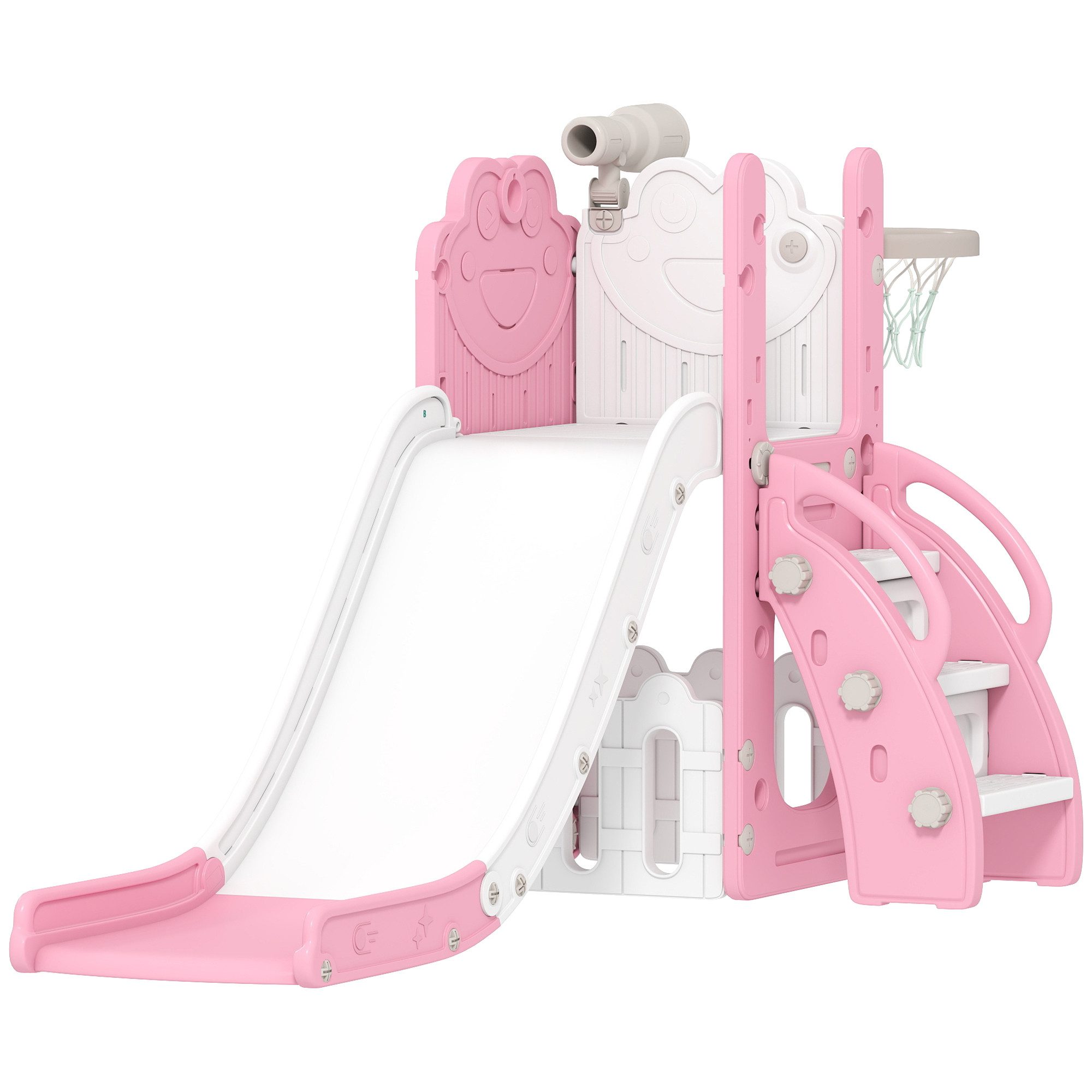 AIYAPLAY Rutsche mit Basketballkorb und Stauraum, (Babyrutsche, 1-tlg., Spielplatz), für Kleinkinder 1-3 Jahre, Rosa