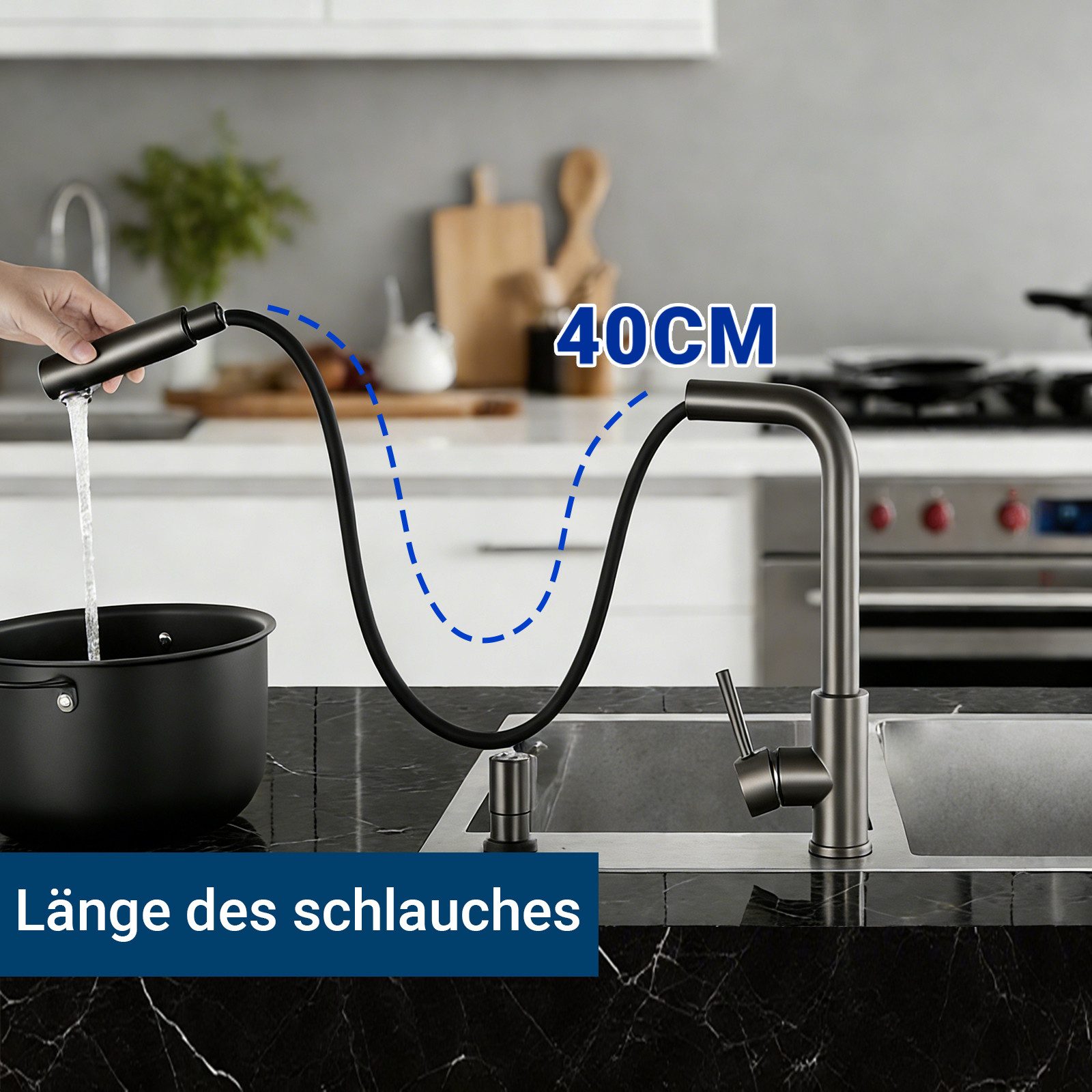 AICA Küchenarmatur Wasserhahn Küche mit Einhand, ausziehbarer Brause für 2 Strahlarten Spültischarmatur mit Einhand & 360° Schwenkfunktion als Hochdruckhahn – Bild 3 von 5