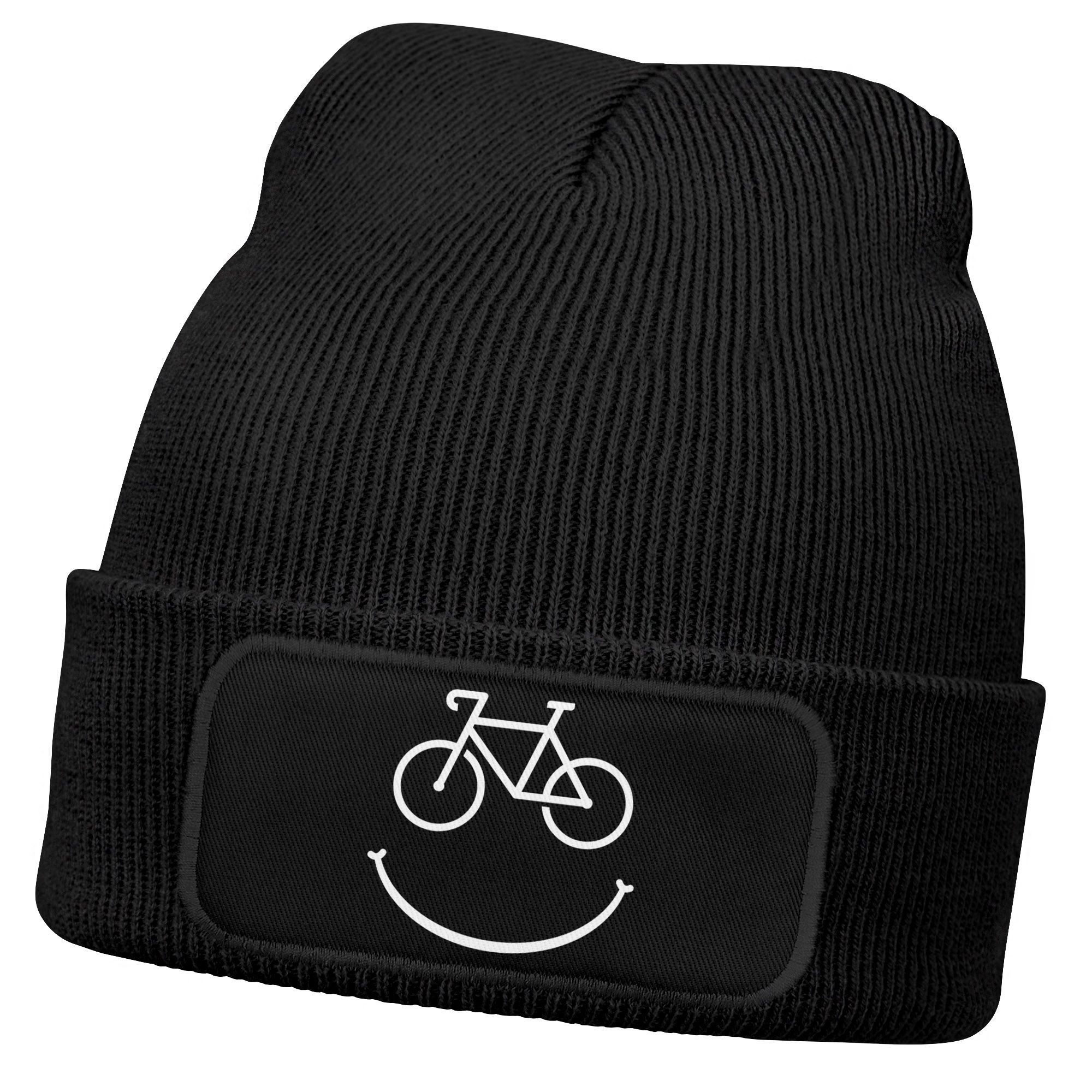 Strickmütze Damen Beanie mit Patch Strickmütze mit Spruch Aufdruck Lustig Fahrrad