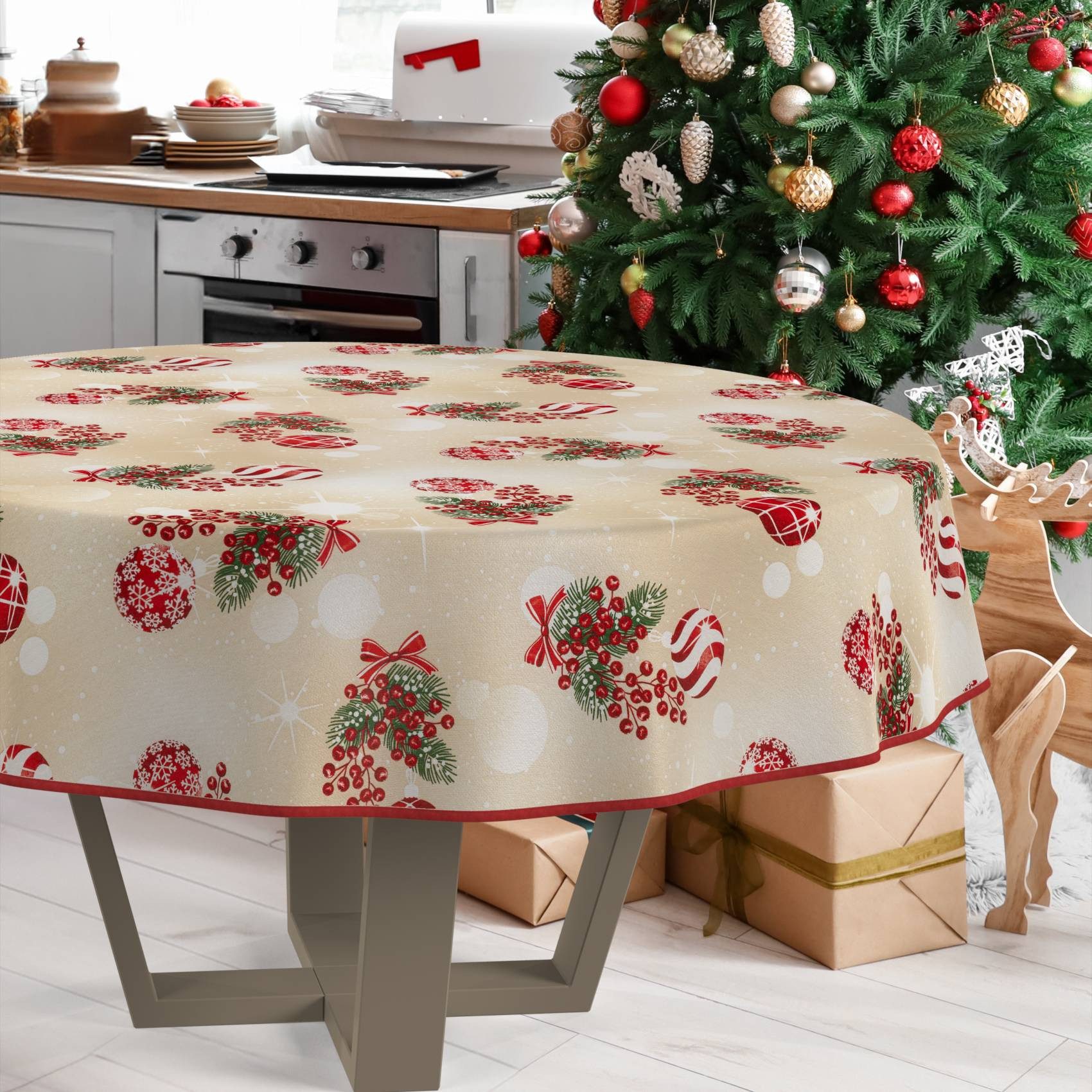 ANRO Tischdecke Weihnachten abwaschbare Weihnachtstischdecke (Einzelstück 1-tlg), Schmutzabweisend Weihnachten Beige Rund 100cm – Bild 4 von 5