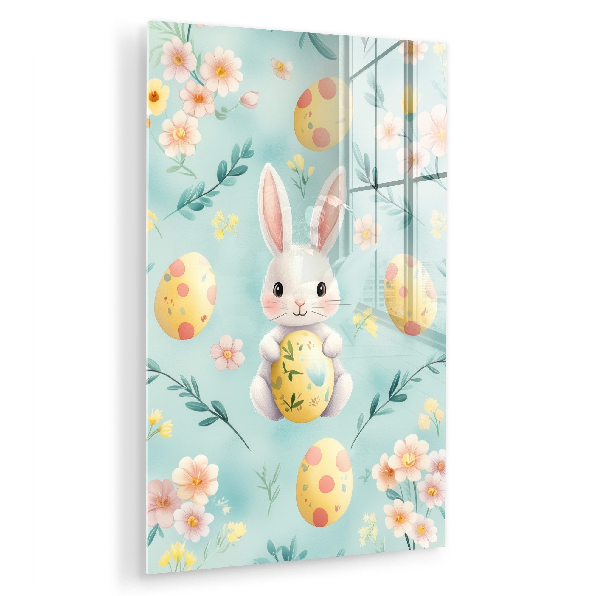 MuchoWow Acrylglasbild Kaninchen - Eier - Äste, Inkl. Aufhängung, Dekoration Wohnzimmer auf Glas, Wand Bilder Deko XXL, 80x120 cm