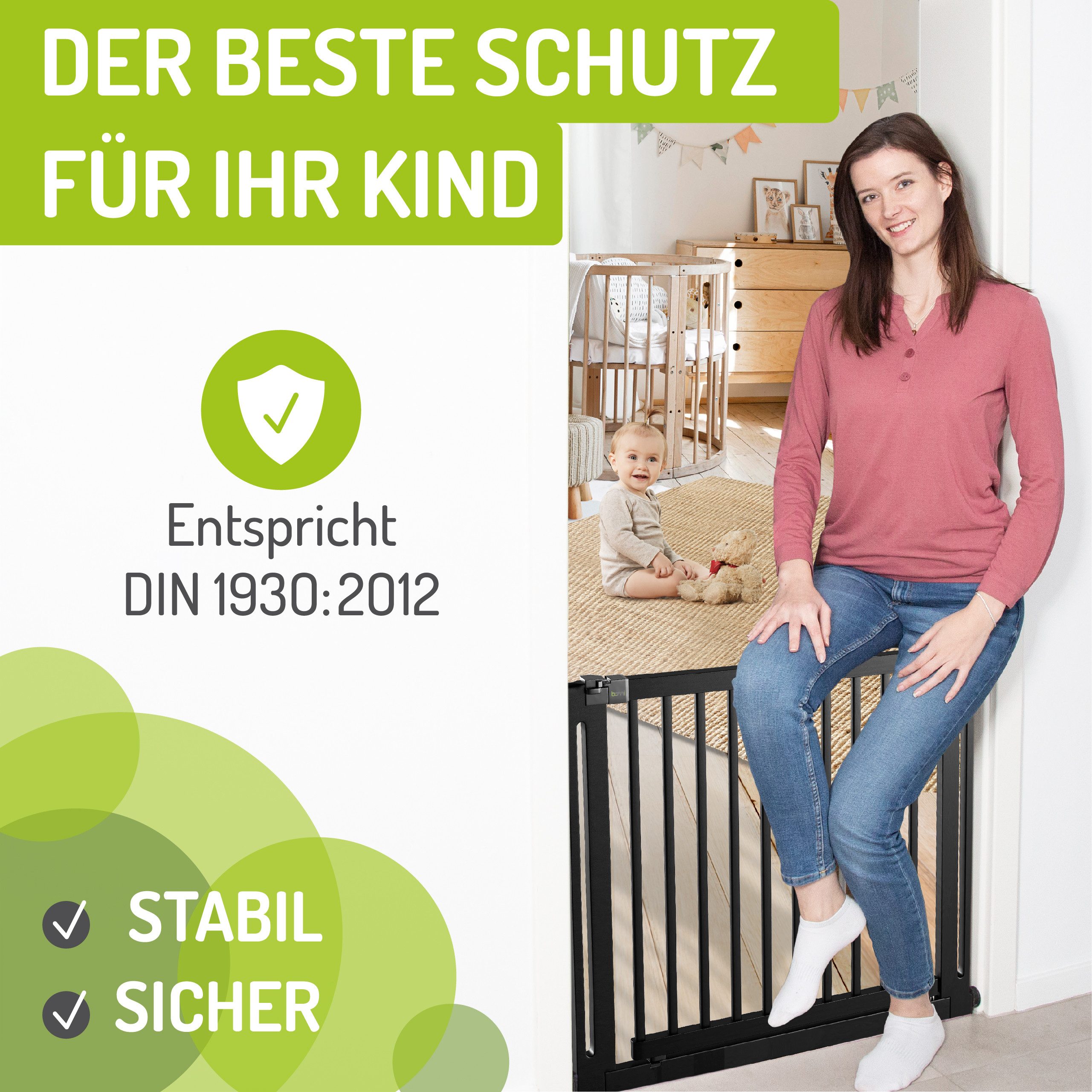 BOMI Türschutzgitter Treppenschutzgitter ohne Bohren, Babygitter aus Holz, Miko 63-161 cm (verschiedene Größen, klemm- & verschraubbar), sichere 2-Wege-Öffnung, – Bild 4 von 5