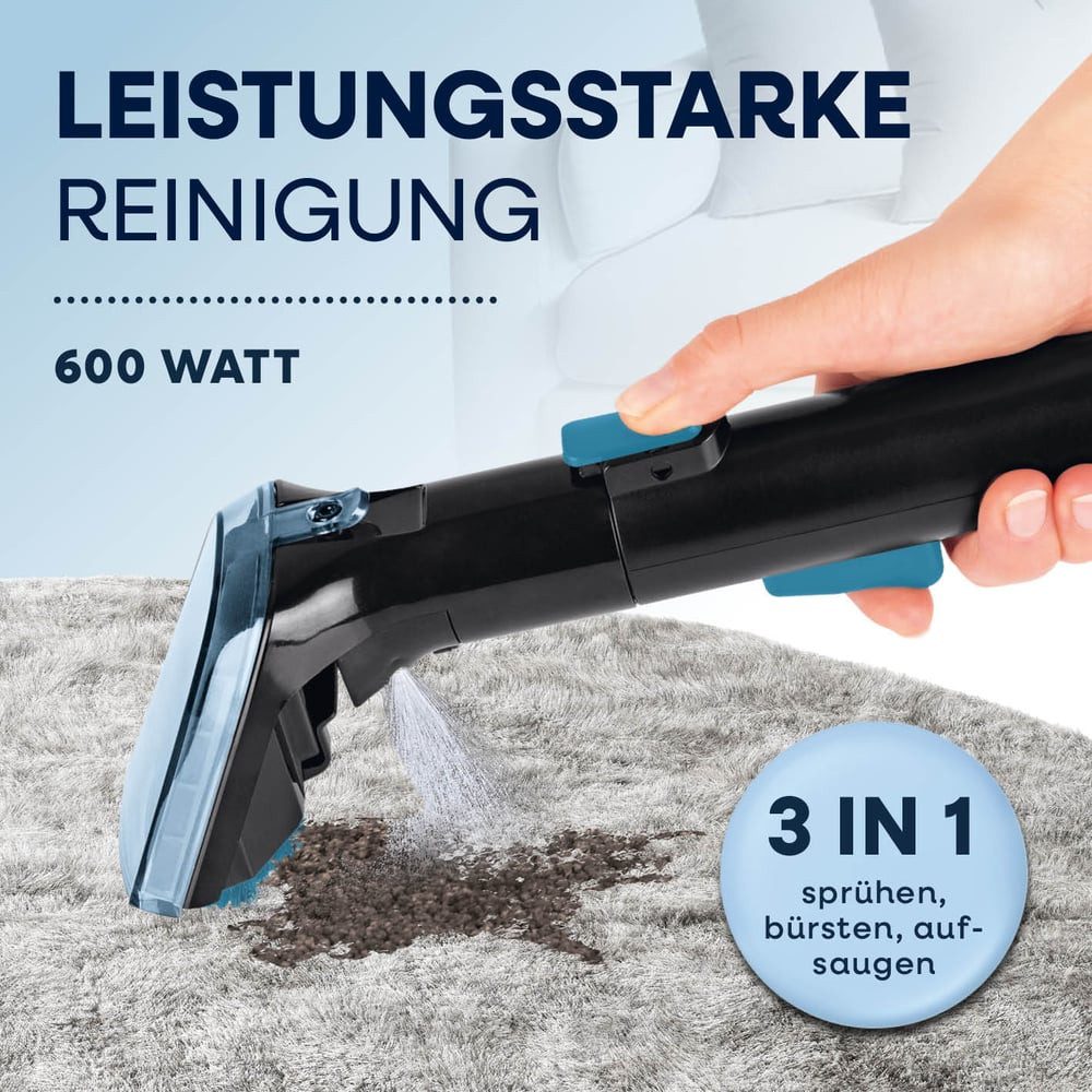 CLEANmaxx Teppichreinigungsgerät Polster und Teppichreiniger Pro Power, 600W, 600 W, 3in1: sprühen, bürsten, saugen mit Frisch- & Brauchwassertank