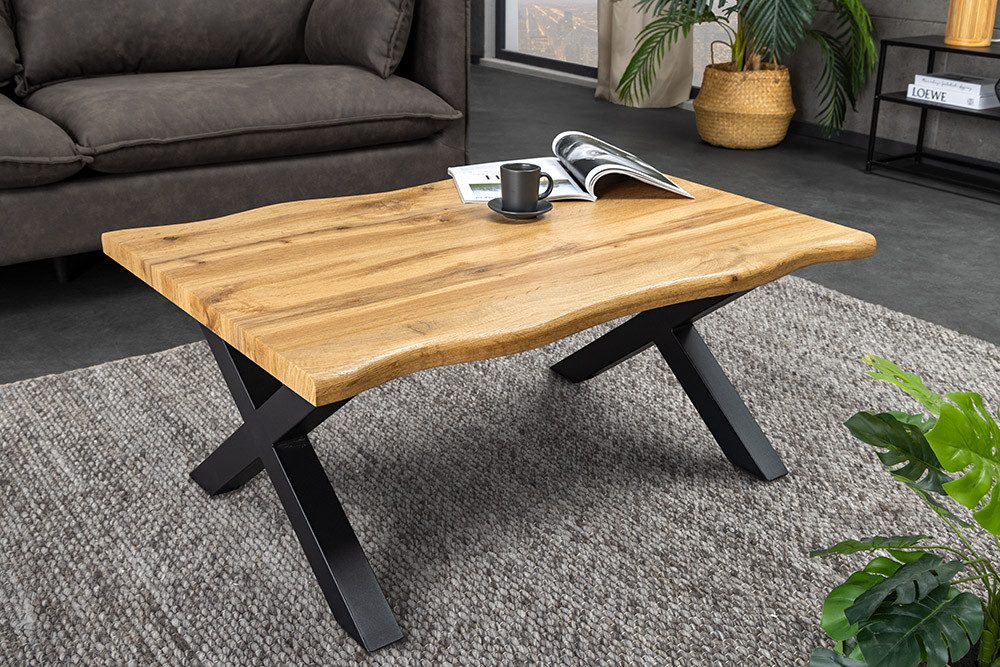 riess-ambiente Couchtisch WILD 90cm braun/schwarz - Wildeichen-Design, Baumkante, X-Gestell (Einzelartikel, 1-St), 3cm Tischplatte & Industrial Design - ideale Ergänzung zu Deiner Couch