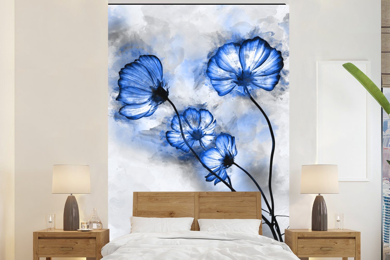 MuchoWow Fototapete Blumen für - Montagefertig Wohnzimmer, Blau, Aquarell Wandtapete bedruckt, Tapete Matt, Vinyl - St), (3