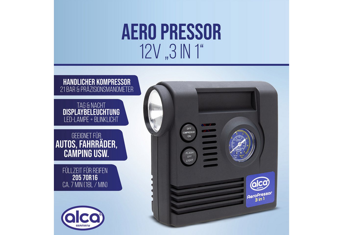 Thumbnail - alca Kompressor Auto Kompressor mini 3in1 mit Licht, elektrische Luftpumpe 12V, 21 bar, 120 W, max. 7 bar, Set