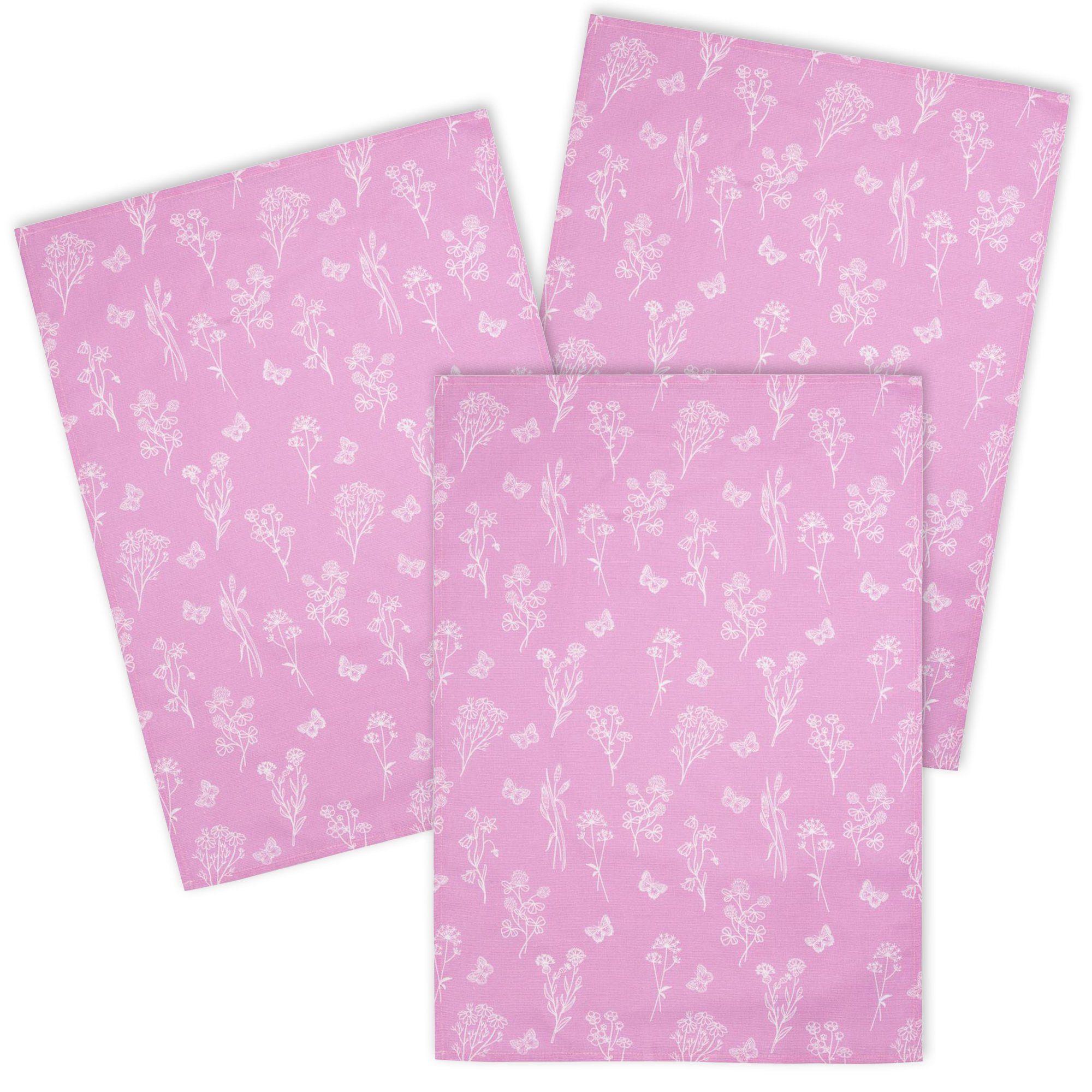 Kracht Geschirrtuch Wildblumen, (Set, 3-tlg., 3-teilig), 3er Pack Geschirrtücher (3 Stück), ca. 50 x 70 cm, Halbleinen bedruckt pink