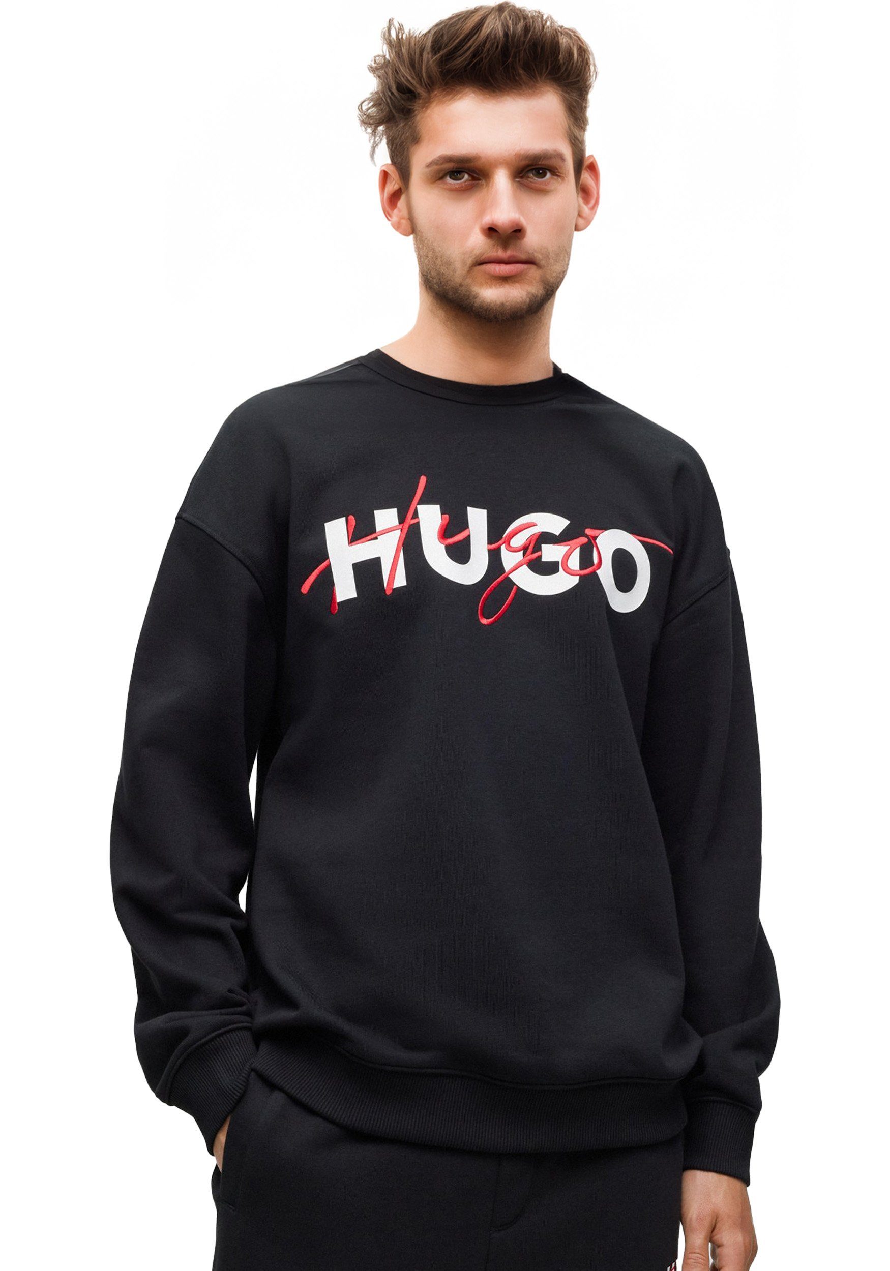 HUGO Sweatshirt Droyko Sweater Hugo Boss Herren Pullover Relaxed-Fit aus Baumwoll-Mix mit Doppelten Logo