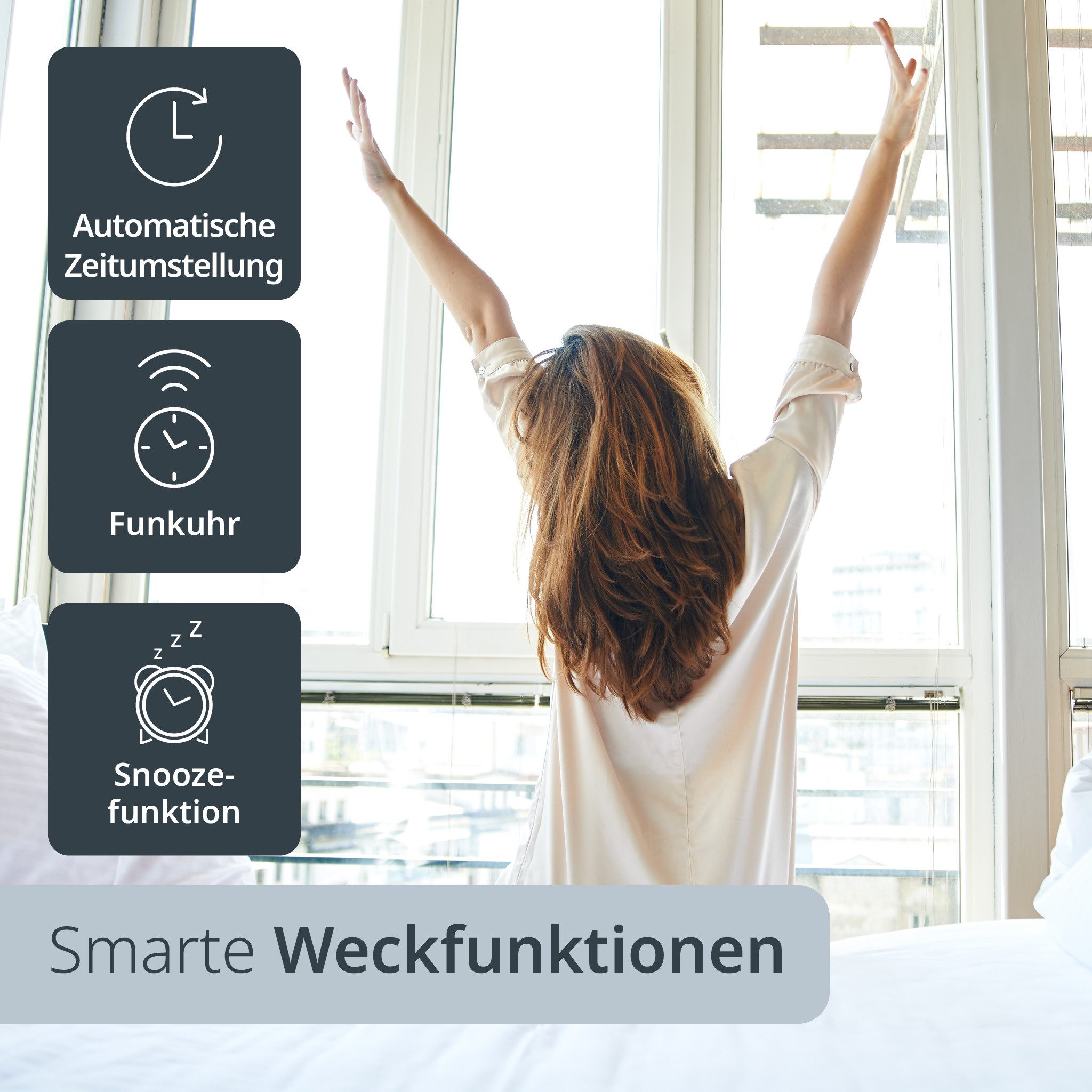 ADE Funkwecker Wecker digital funk mit Temperatur und Luftfeuchtigkeit automatischer Lichtsensor, 2 Weckzeiten, Schlummerfunktion