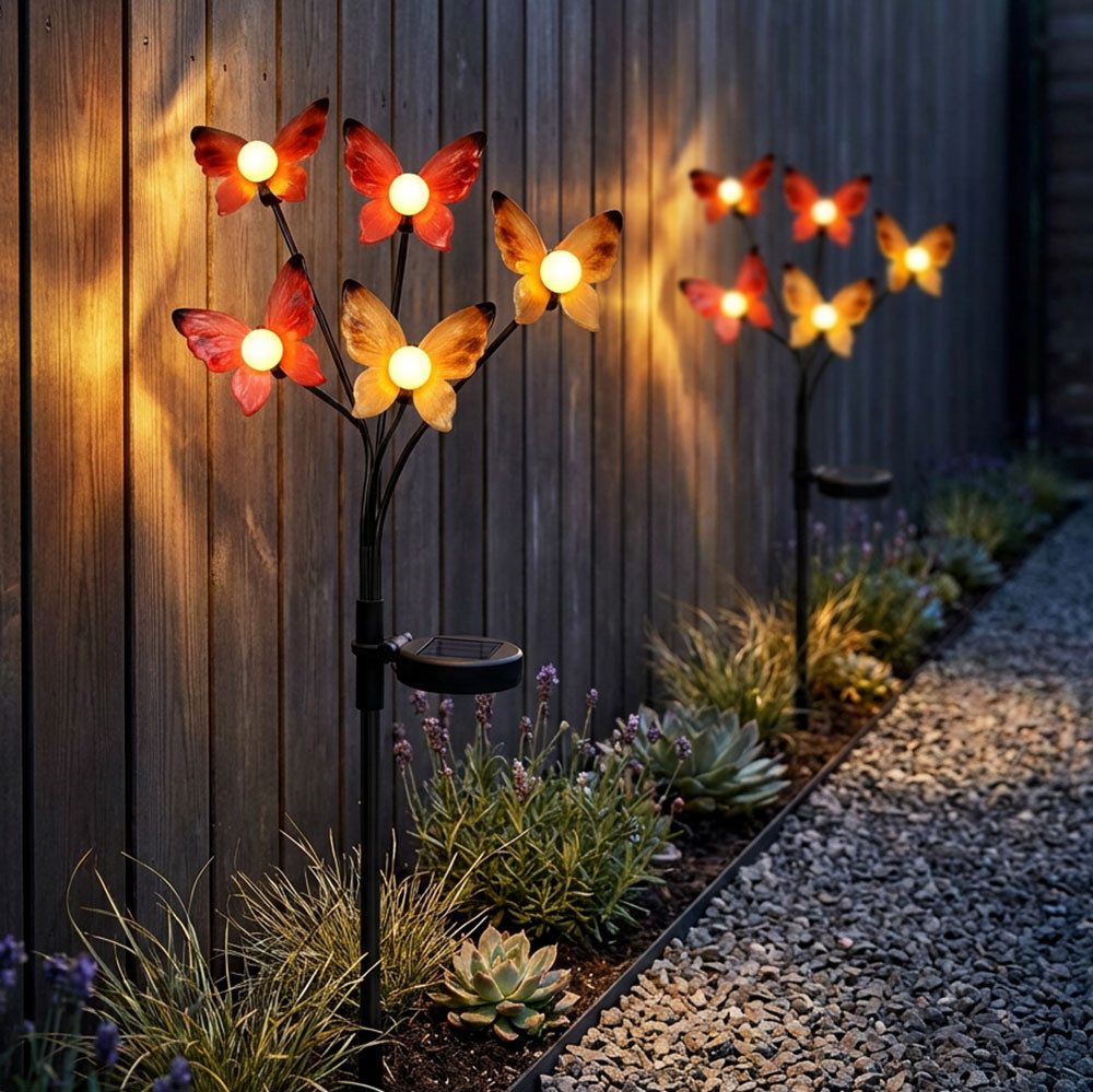 Expo Börse LED Solarleuchte, LED-Leuchtmittel fest verbaut, Warmweiß, 2x Solarlampe Steckleuchte LED Gartenstecker Schmetterling H 68 cm