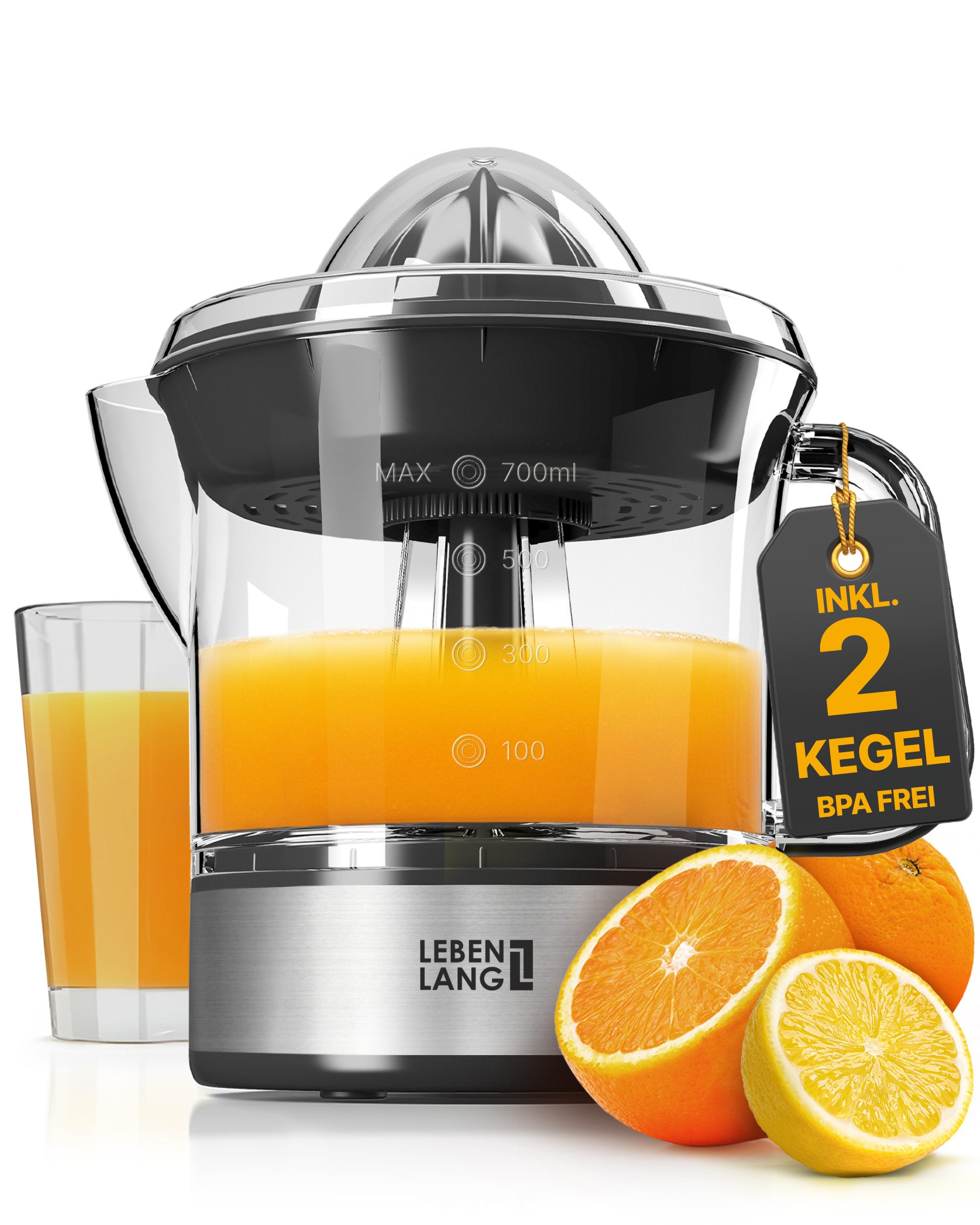 Lebenlang Zitruspresse Saftpresse elektrische Zitronenpresse Orangenpresse, 40,00 W, BPA-freie, zwei Drehrichtungen, spülmaschinenfest, Auto ON/OFF