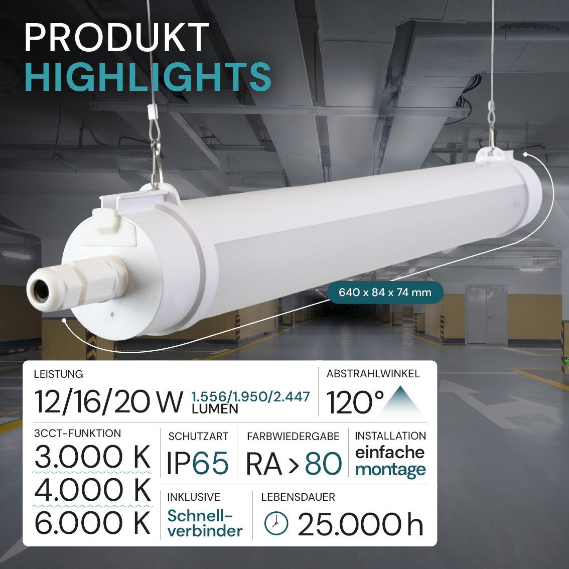 LUXULA LED Unterbauleuchte LUXULA LED Feuchtraumleuchte 64 cm 20 W CCT einstellbar Weiß, Farbwechsler