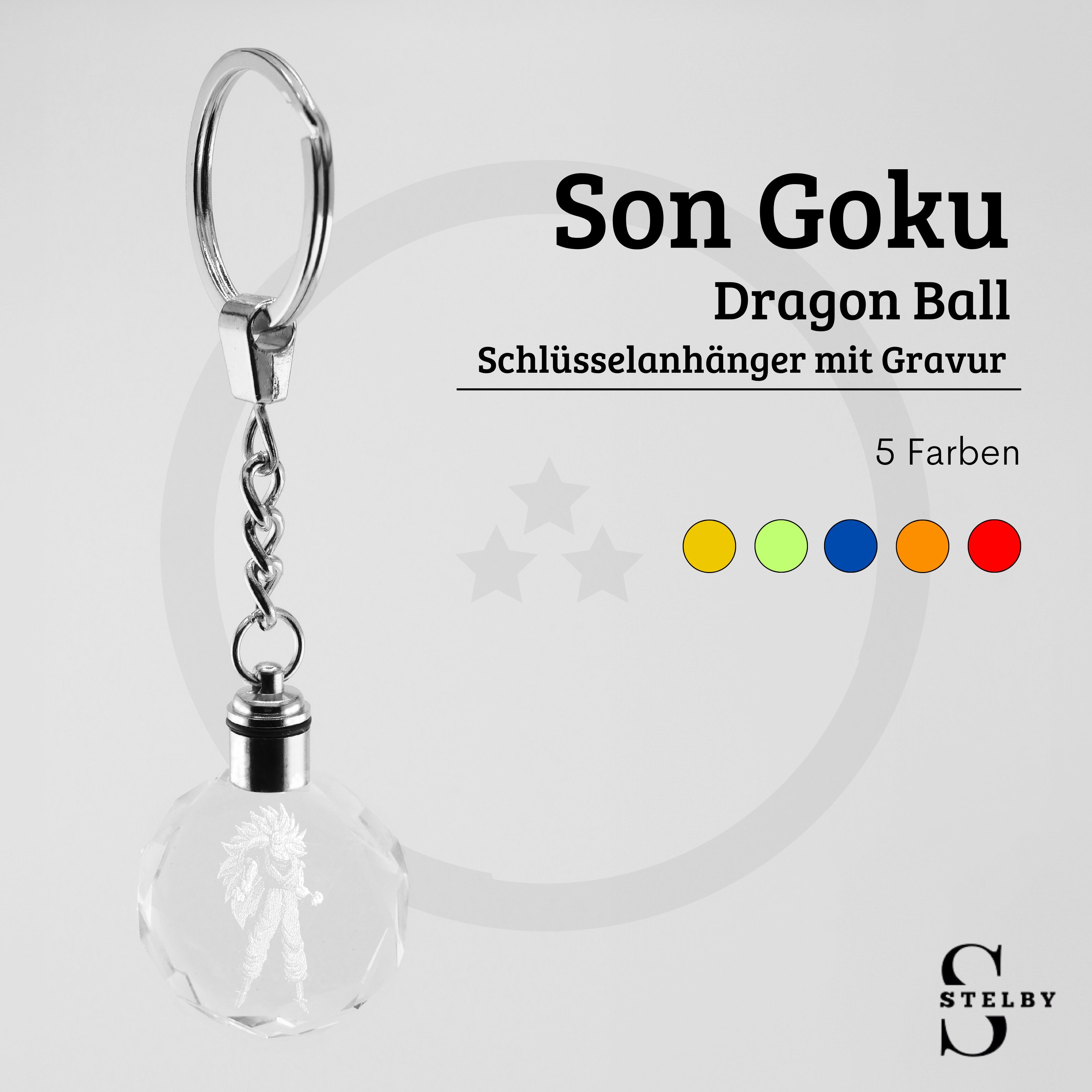 Stelby Schlüsselanhänger Dragonball Schlüsselanhänger Songoku Multicolor LED mit Geschenkbox (Perfekt für Geburtstage und Weihnachten, 1-tlg., Robustes Glasmaterial, leuchtet in 5 Farben), Farbwechsel, langlebig, modernes Design