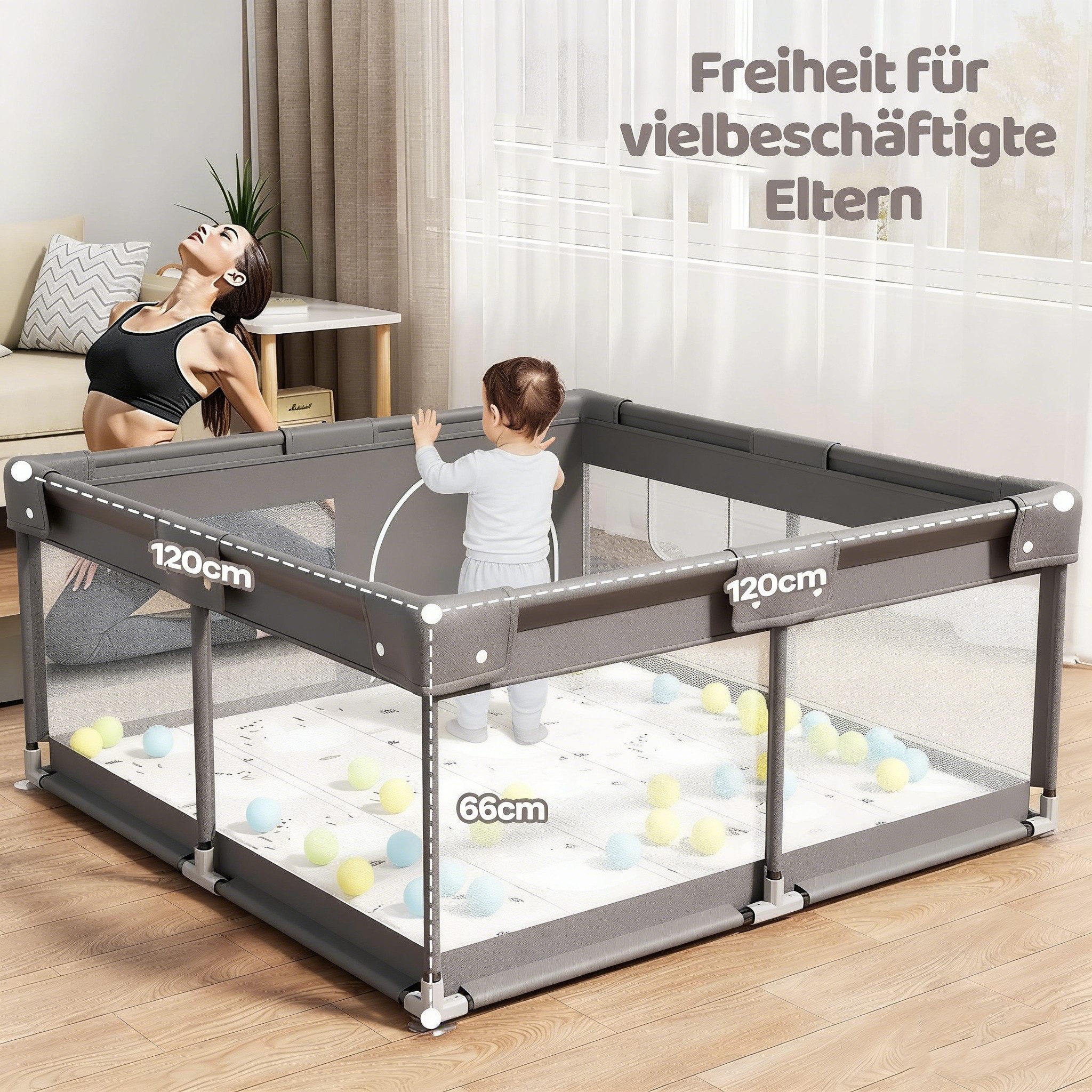 MC Star Laufstall Baby 120 x 120 cm (ideal für den Innenbereich, Großer Baby Laufgitter), Sicherheit Spielplatz Kinder mit Netzdesign