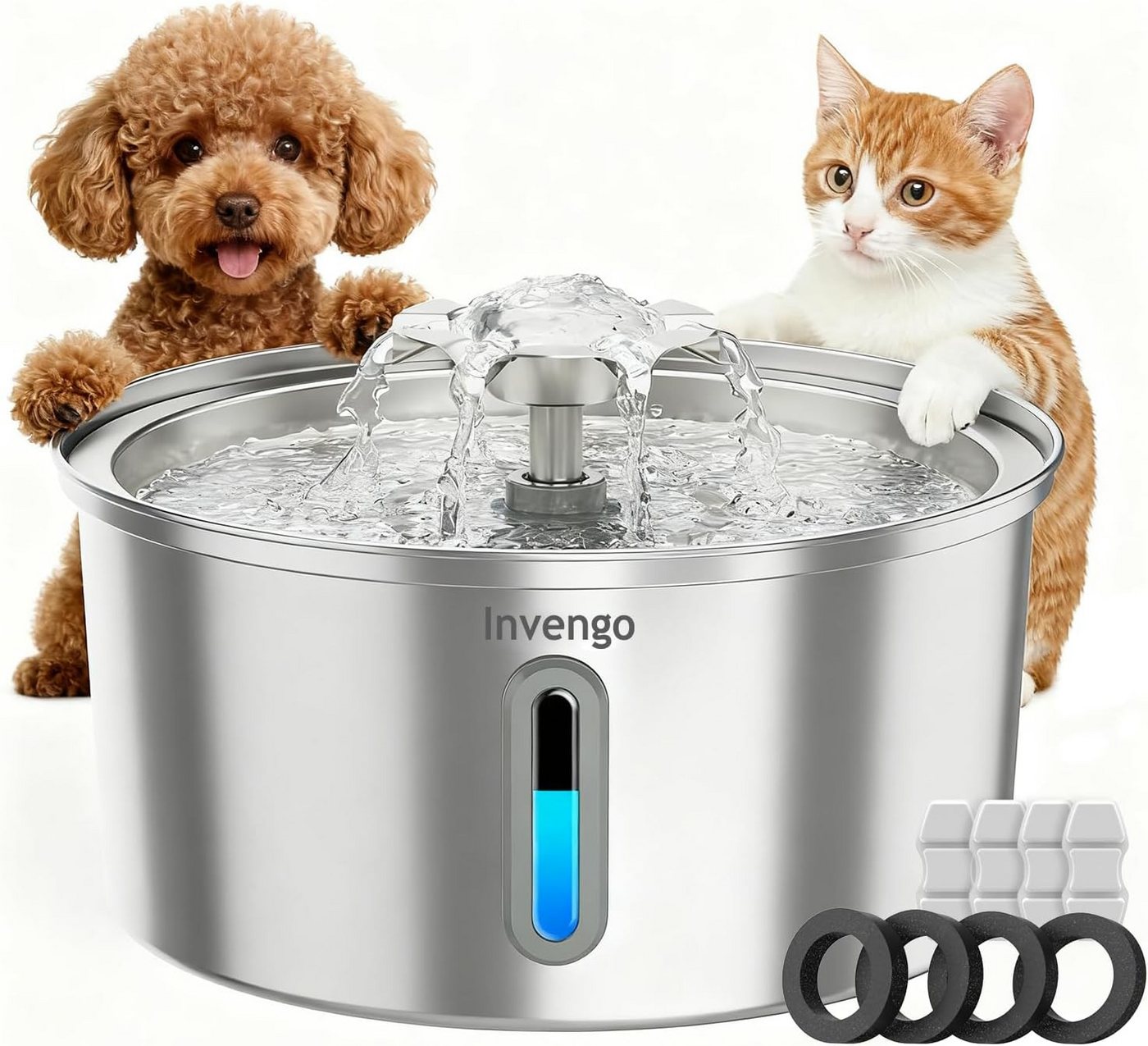 Invengo Trinkbrunnen Trinkbrunnen Katzenbrunnen Edelstahl 3,2L mit Fontäne Filter 3,2 l, LED Anzeige Wasserstandsanzeige Fontäne Filtersystem Edelstahl