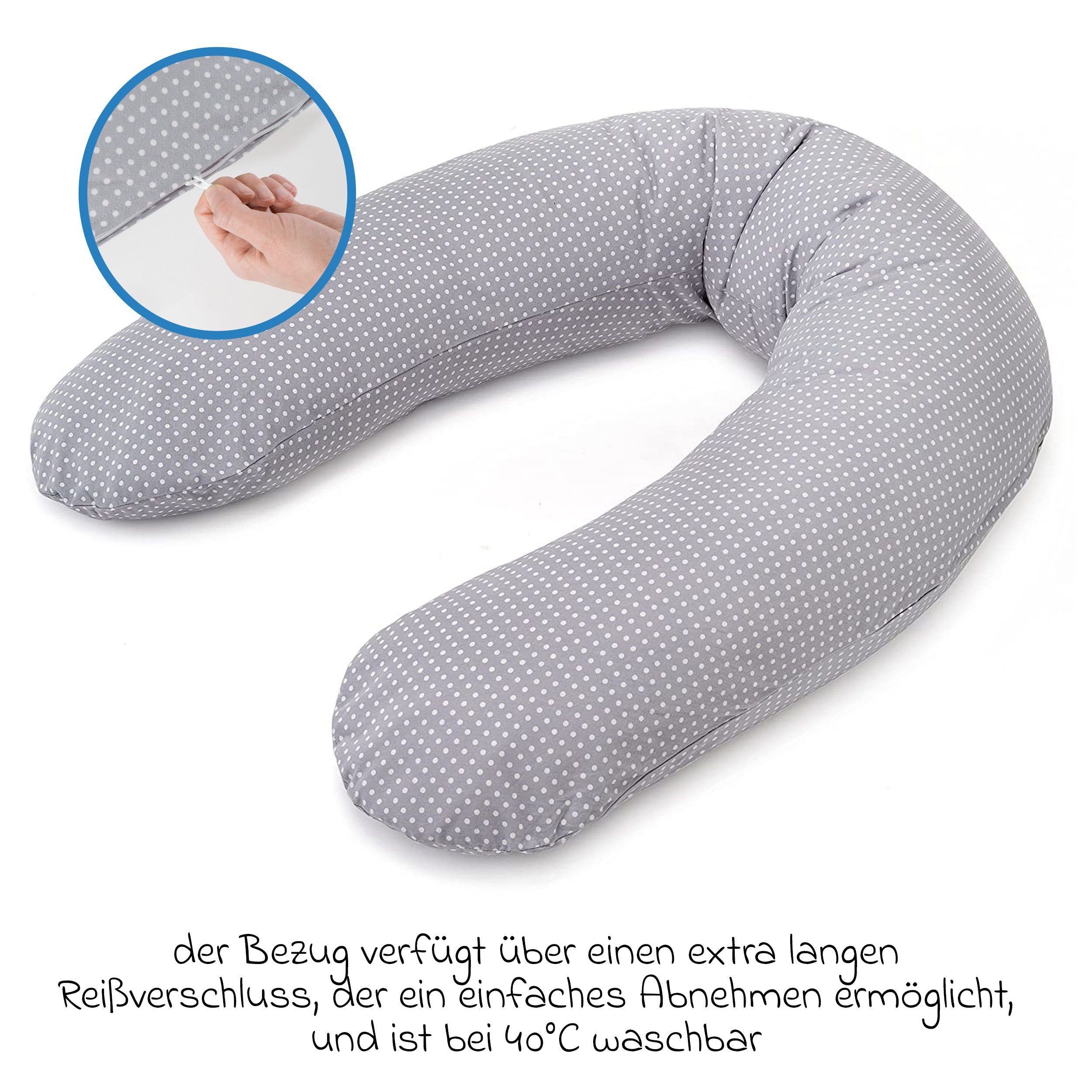 Theraline Stillkissen Dodo Premium - Polka Dots - Grau, Schwangerschaftskissen 180 cm inkl. Baumwoll-Bezug & 10x Mulltücher