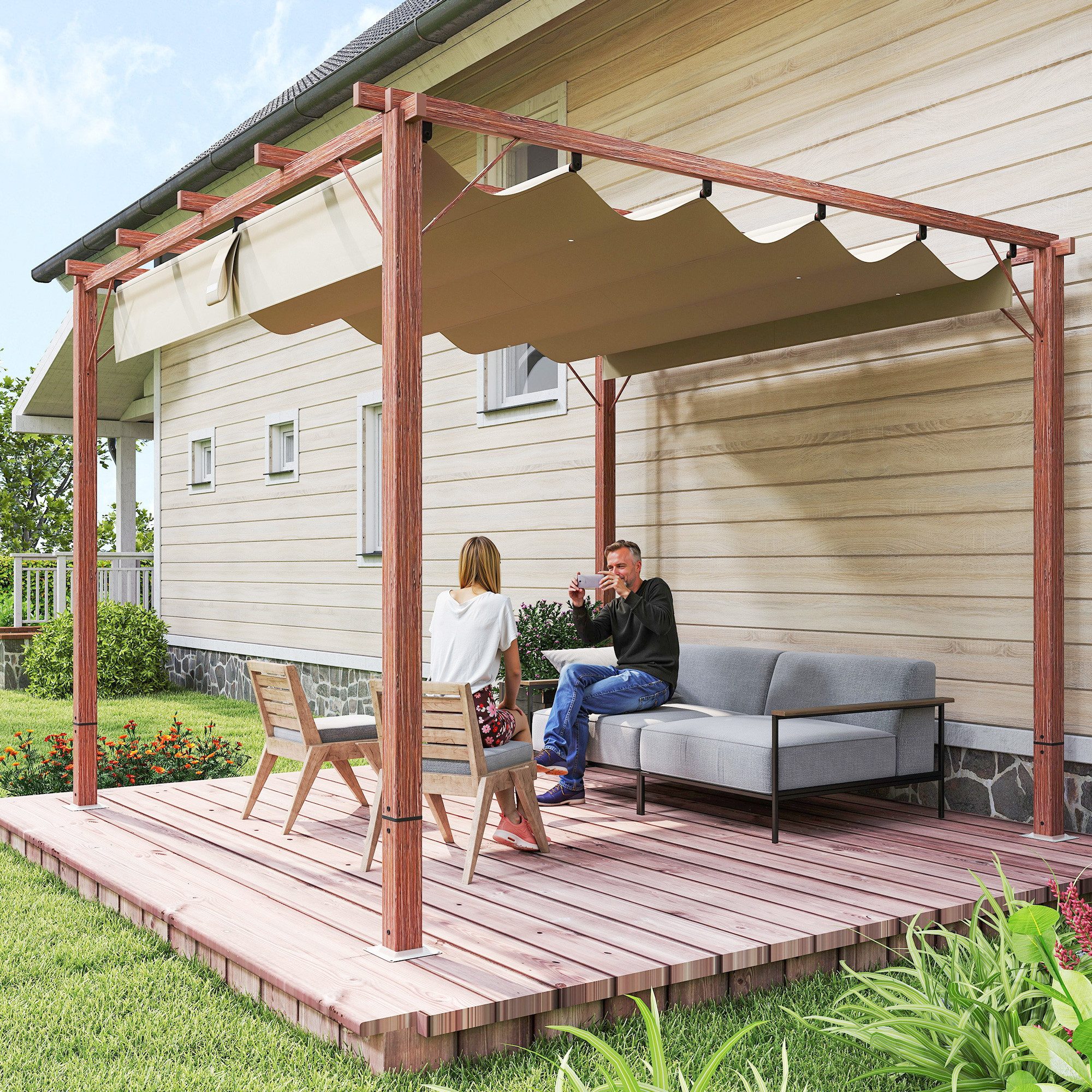 Outsunny Pergola mit magnetischen Pad, aus Aluminium, mit verstellbares Dach, (Garten Pavillon, 1-tlg., Terrassendachung), Freistehend, UV Schutz 30+, für Terrasse und Garten, Naturholz