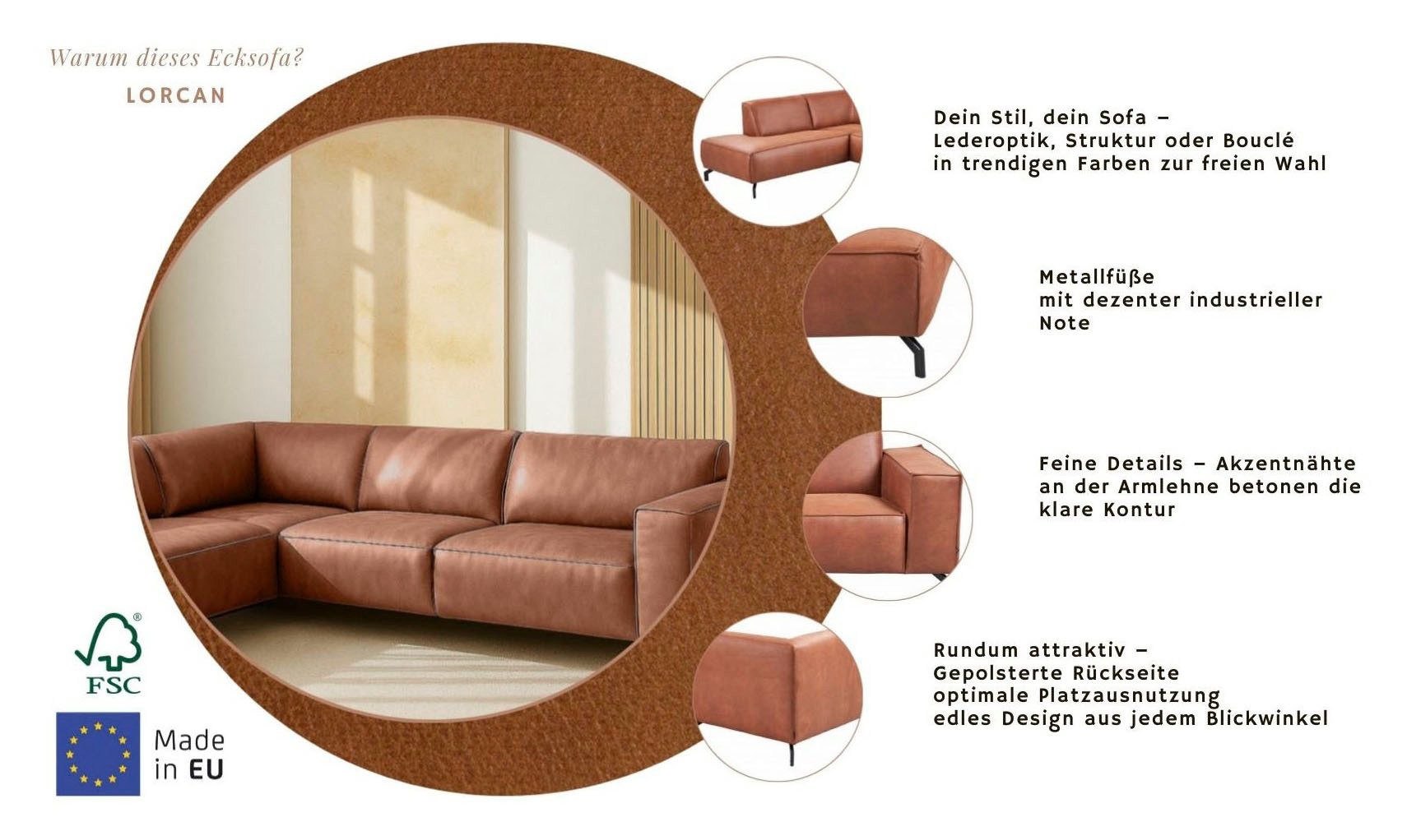 Home affaire Ecksofa LORCAN mit Metallfüßen, Breite 275 cm, weiches Sitzgefühl, Metallfüße, Lederoptik, Struktur, Bouclé