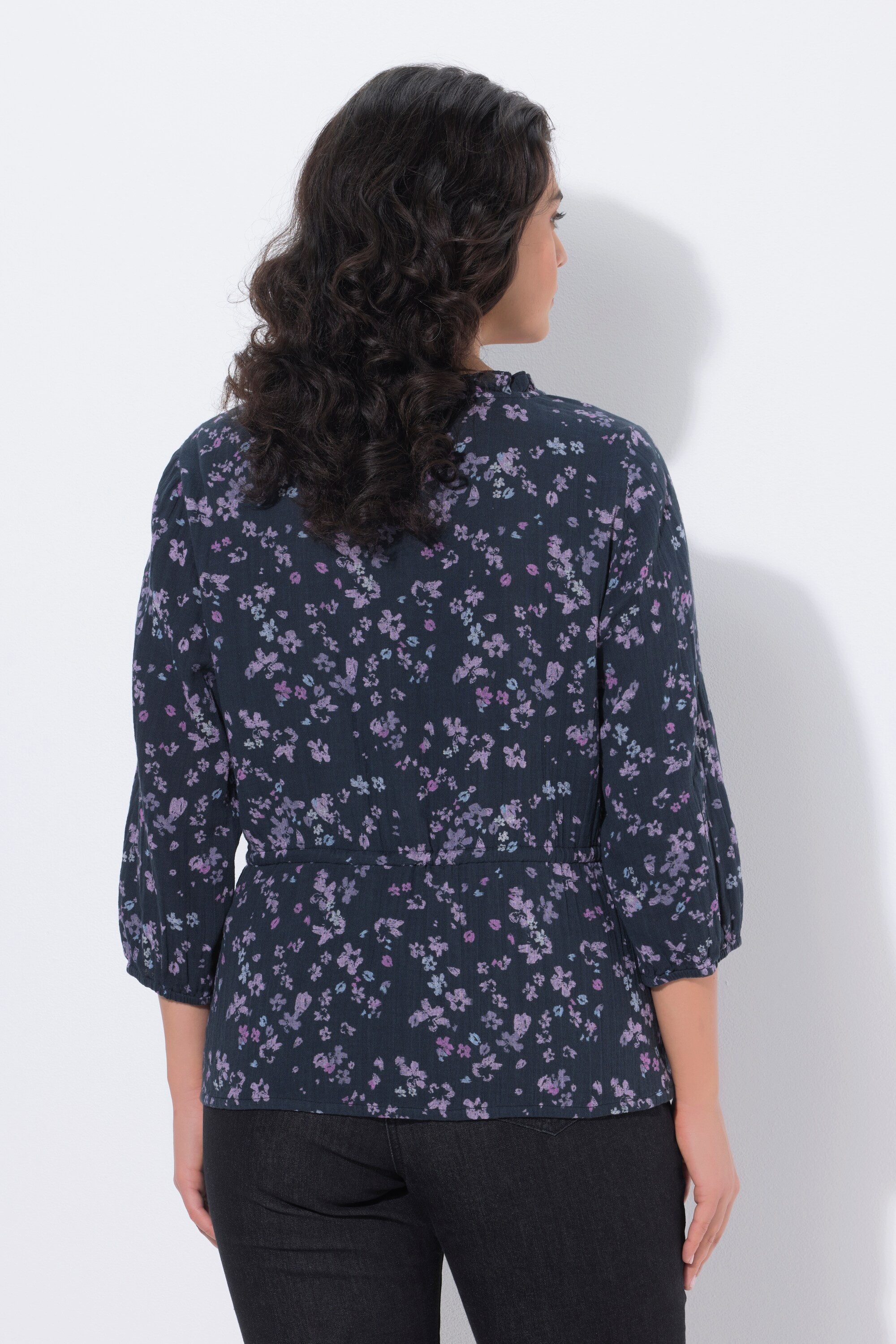 Ulla Popken Longbluse Musselinbluse Blüten A-Linie V-Ausschnitt 3/4-Arm