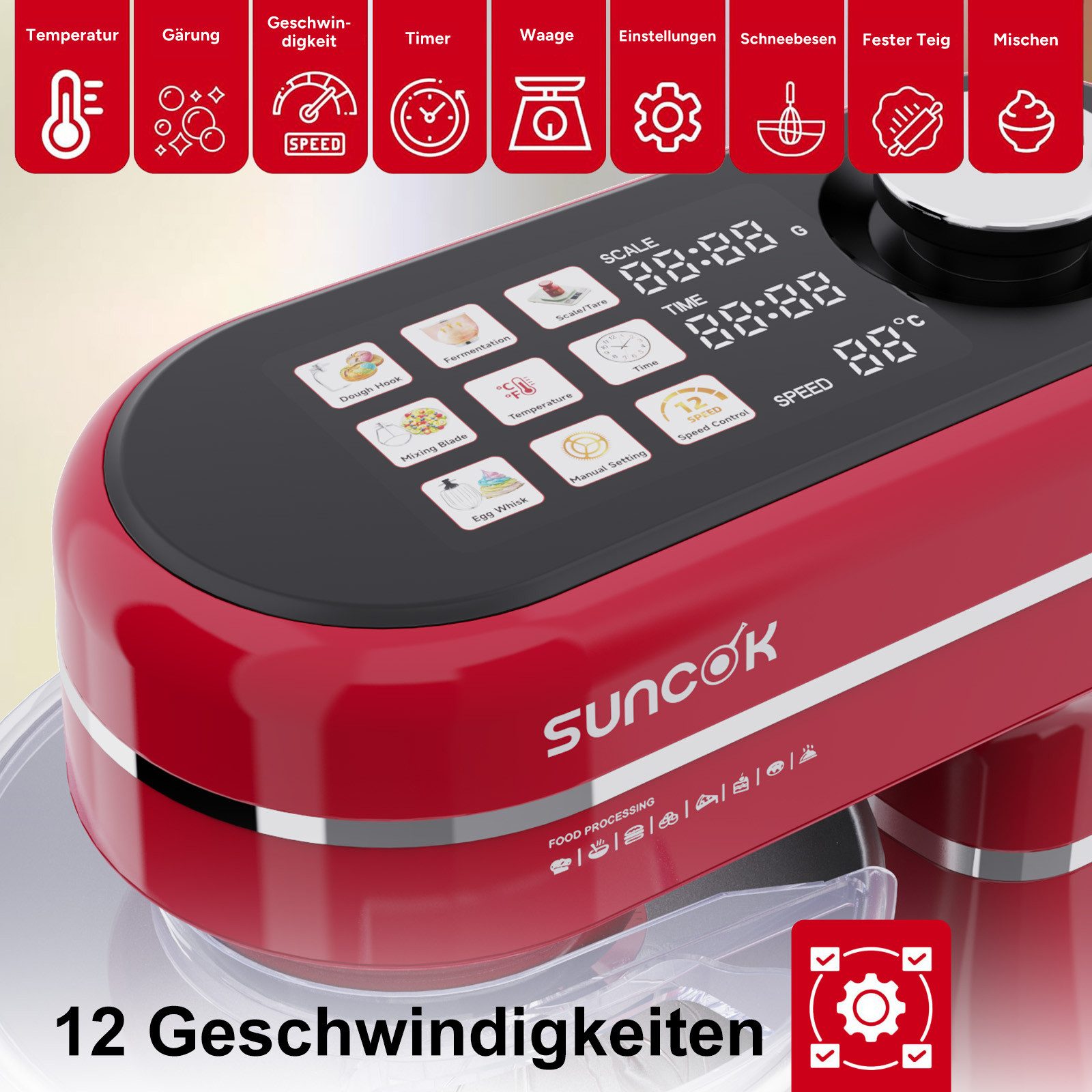 SUNCOK Küchenmaschine Multifunktionale Knetmaschine, 12-Geschwindigkeit, 59 Dezibel. geeignet zum Backen und Kneten von Teig, 1500 W, Elektrische Küchenmaschine,mit 2 Edelstahl-Rührschüsseln 4,5 und 5,5l