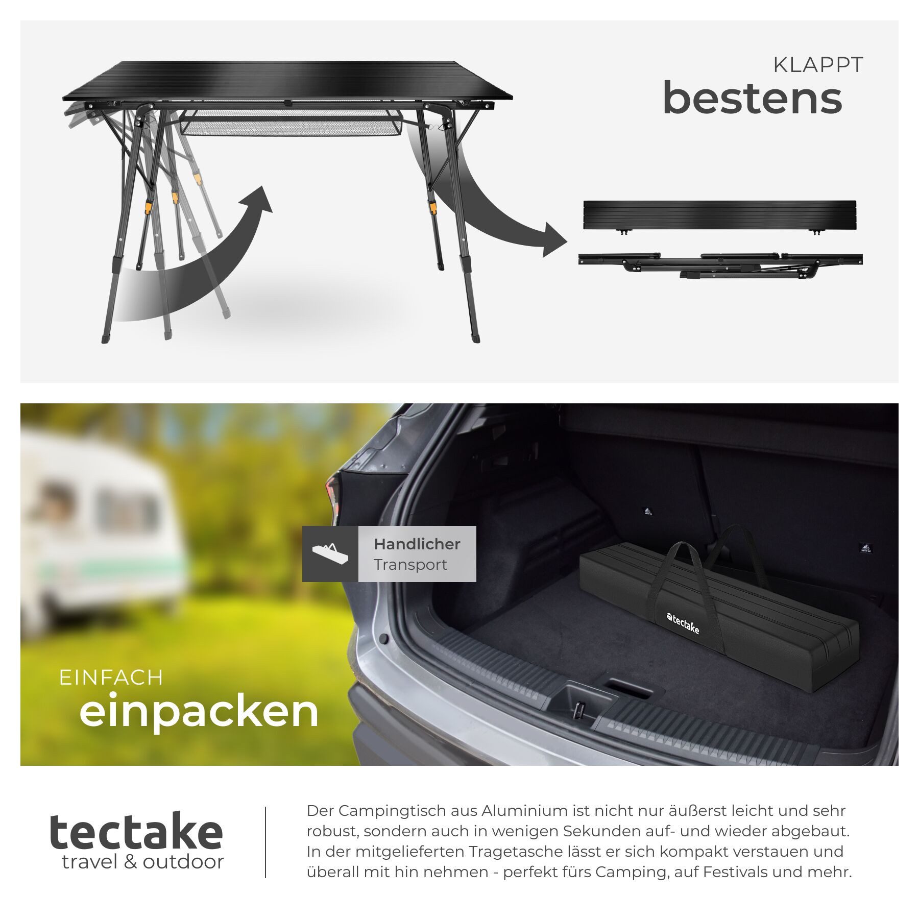 tectake Campingtisch Aluminium Klapptisch - faltbar, wetterfest, 120 x 70,5 x 58 – 79 cm (Outdoor Beistelltisch Bastian, 1-St., in schwarz), höhenverstellbar, m – Bild 5 von 5