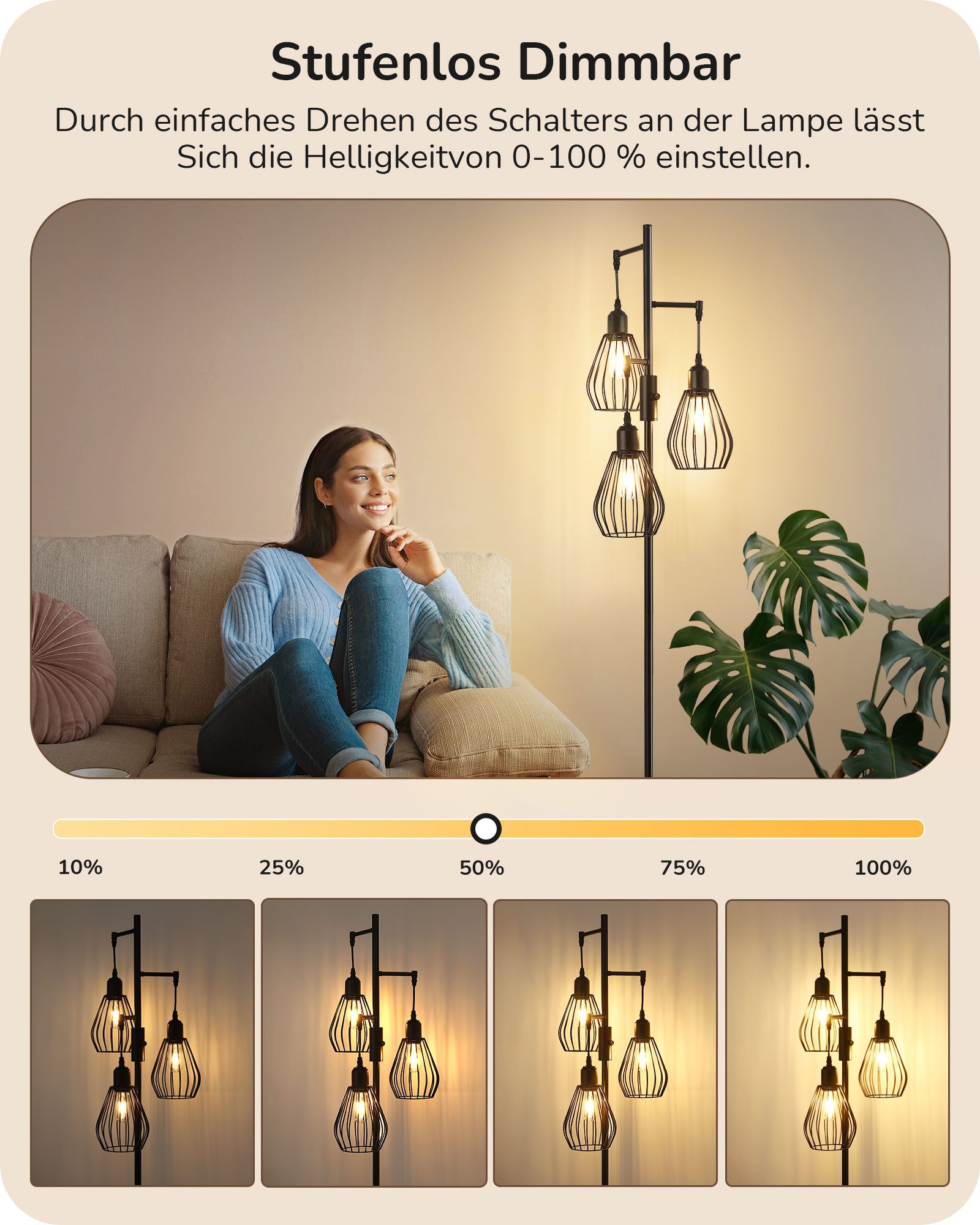 EDISHINE Stehlampe Wohnzimmer, 3-flammige Stehleuchte Dimmbar, LED wechselb günstig online kaufen