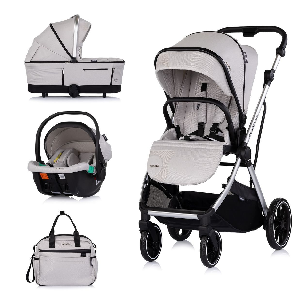 Chipolino Kombi-Kinderwagen Aurora 3 in 1, EVA-Material, Aluminium, 3-Punkt-Gurt, Babywanne, Babyschale