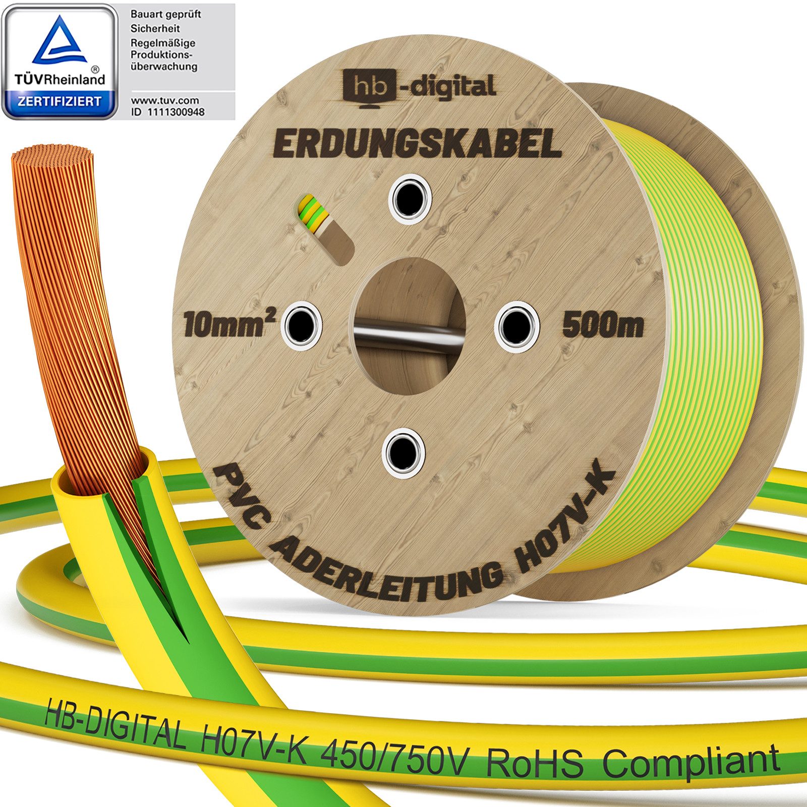 HB-DIGITAL Erdungskabel 10mm2 PVC Aderleitung H07V-K flexibles Kabel grün-gelb Stromkabel, (50000 cm), PVC-Isoliermantel