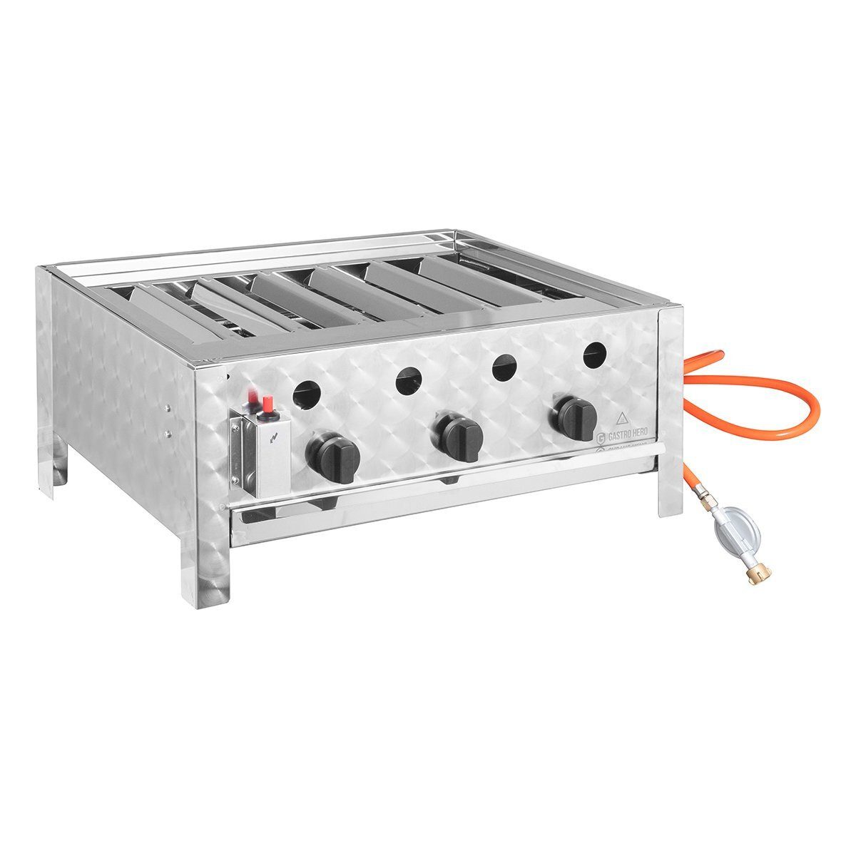 GastroHero Gasgrill Tischbräter - 3 Brenner 10 kW, 65x57x27 cm Tischgrill Gas-Grill Event, Piezozündung, Grillfläche: 63x50 cm, inkl. Gitter und Fettwanne