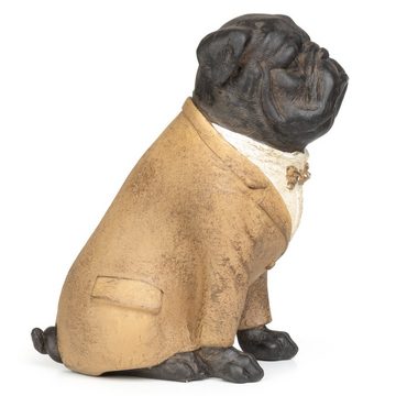 Moritz Dekofigur Deko-Figur Mops Hund im beigen Anzug mit Fliege sitz aus Polyresin, Dekofigur aus Polyresin Dekoelement Dekoration Figuren